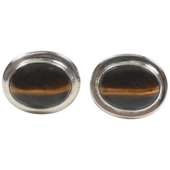 Vintage Oval Tiger-Eye Sterling Silver Cabochon Cufflinks