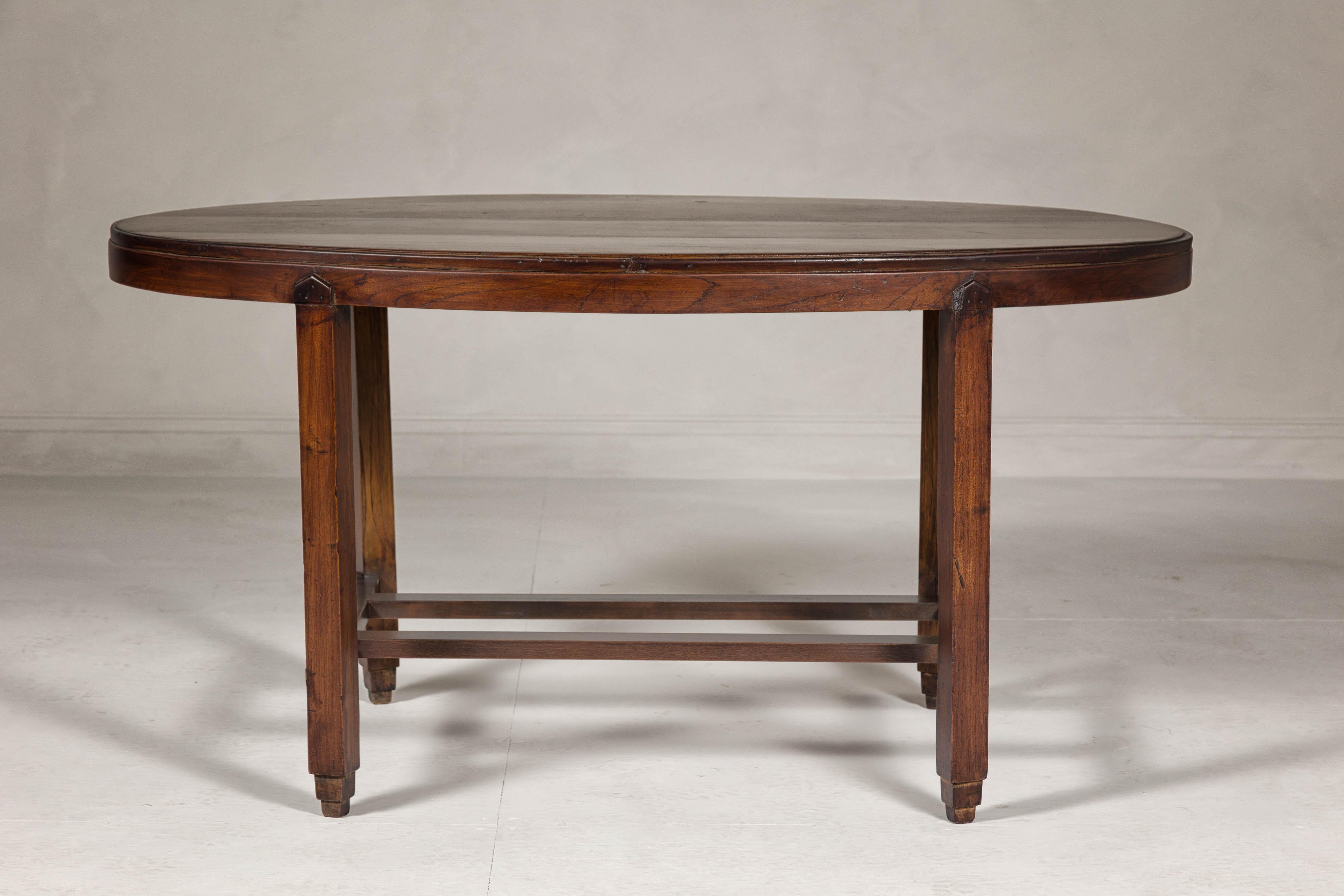 Oval Top Center Table with Inverted Stepped Pyramid Feet and Cross Stretcher For Sale 5