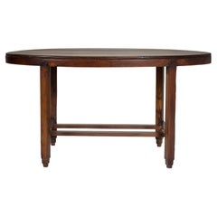 Retro Oval Top Center Table with Inverted Stepped Pyramid Feet and Cross Stretcher