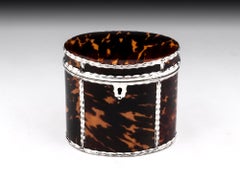 Antique English George III Tortoiseshell and Silver Tea Caddy
