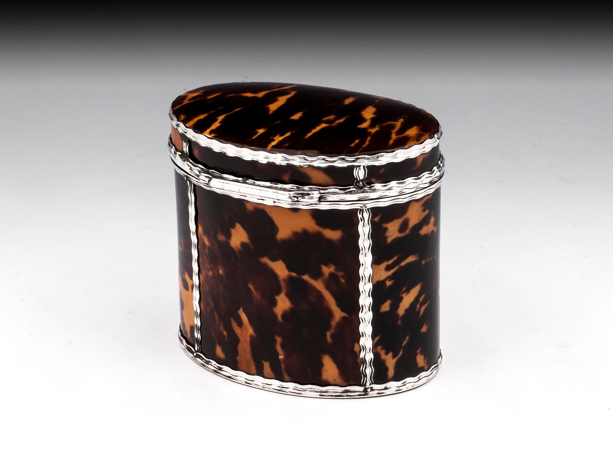 Oval Tortoiseshell & Silver Tea Caddy In Good Condition For Sale In Northampton, GB