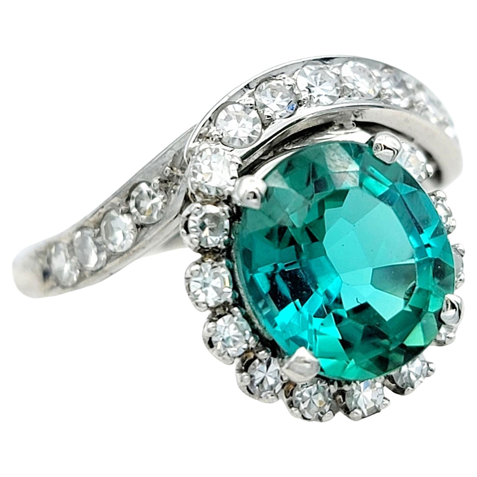 Oval Tourmaline and Diamond Halo Asymmetrical Swirl Cocktail Ring 18 Karat Gold