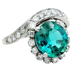 Oval Tourmaline and Diamond Halo Asymmetrical Swirl Cocktail Ring 18 Karat Gold
