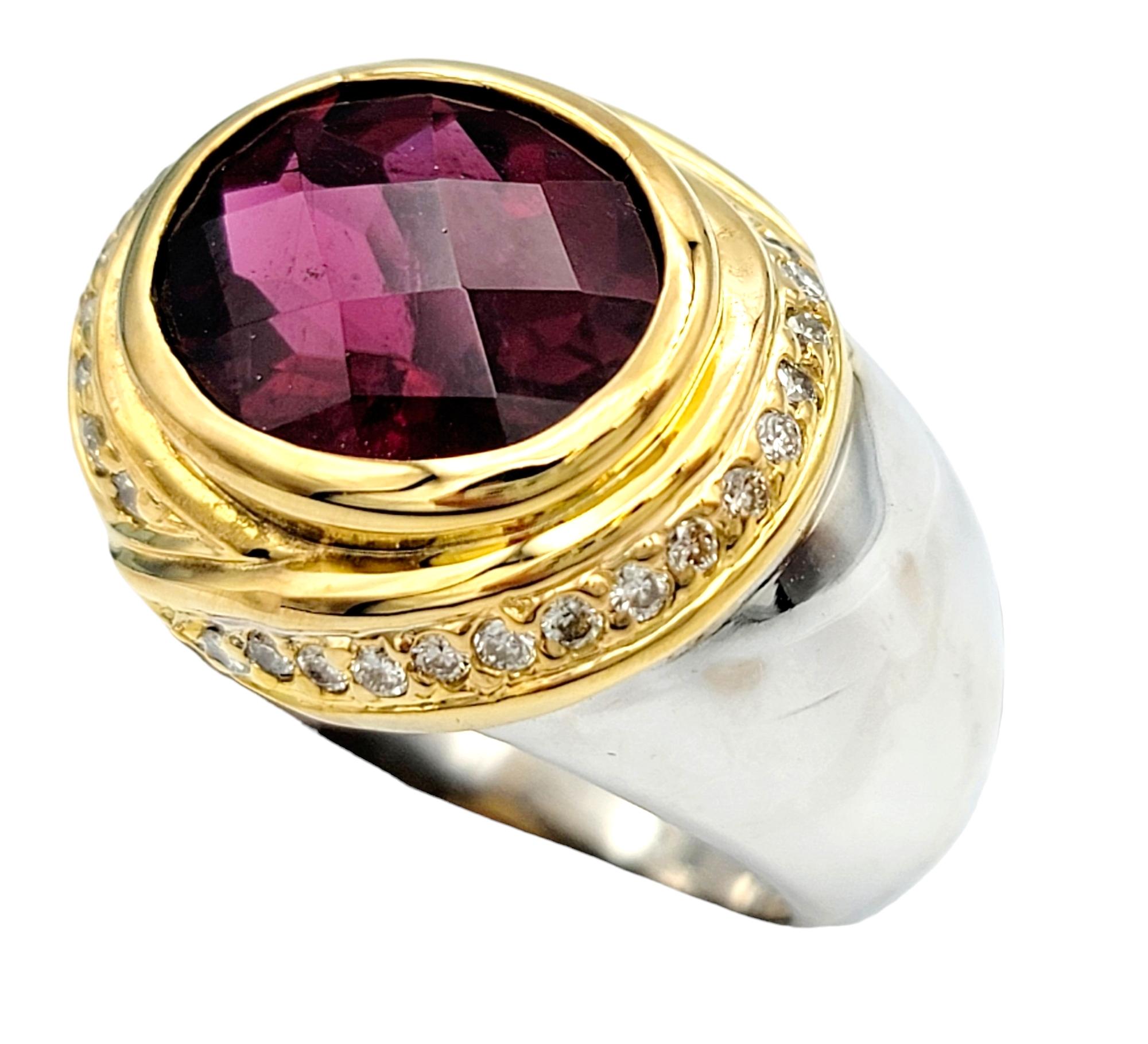 Contemporary Oval Tourmaline and Diamond Halo Domed Cocktail Ring in Two-Toned 14 Karat Gold For Sale