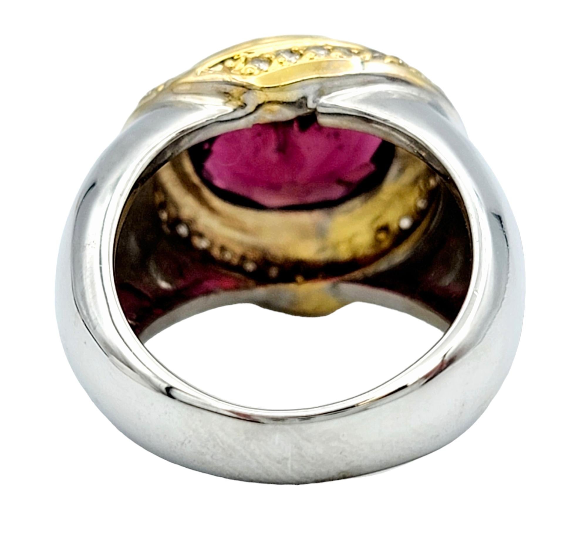 Women's or Men's Oval Tourmaline and Diamond Halo Domed Cocktail Ring in Two-Toned 14 Karat Gold For Sale