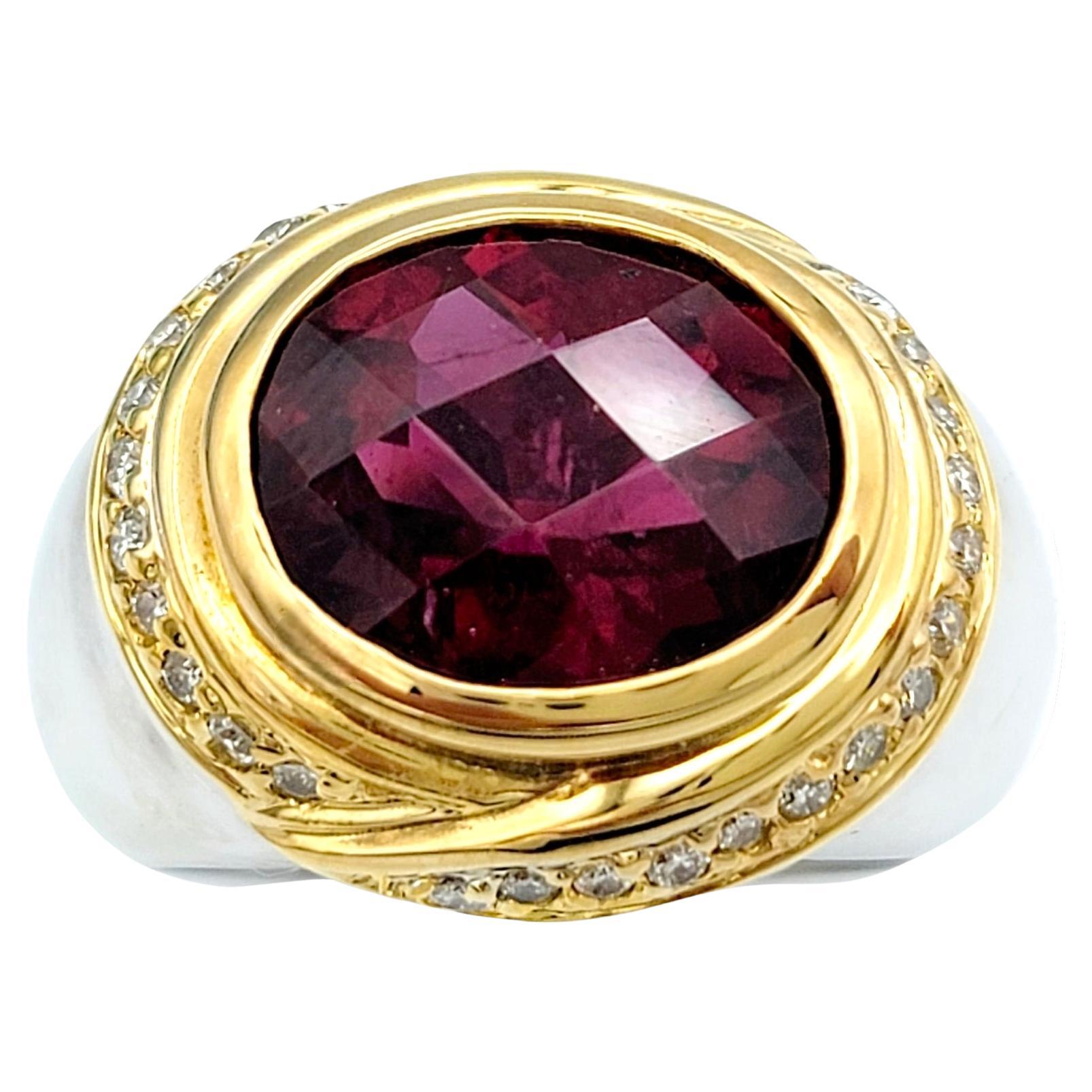 Oval Tourmaline and Diamond Halo Domed Cocktail Ring in Two-Toned 14 Karat Gold For Sale