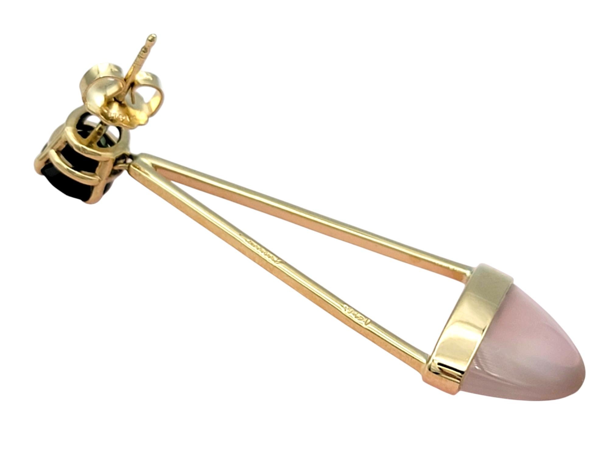 Contemporain Boucles d'oreilles pendantes géométriques en or jaune 14 carats avec tourmaline ovale et quartz rose en vente