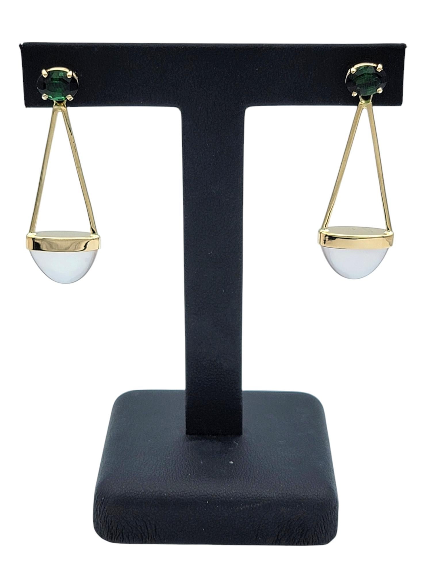 Boucles d'oreilles pendantes géométriques en or jaune 14 carats avec tourmaline ovale et quartz rose Pour femmes en vente