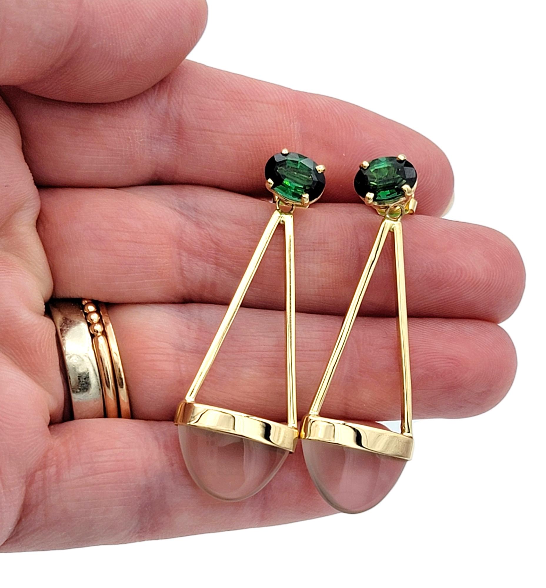 Boucles d'oreilles pendantes géométriques en or jaune 14 carats avec tourmaline ovale et quartz rose en vente 1