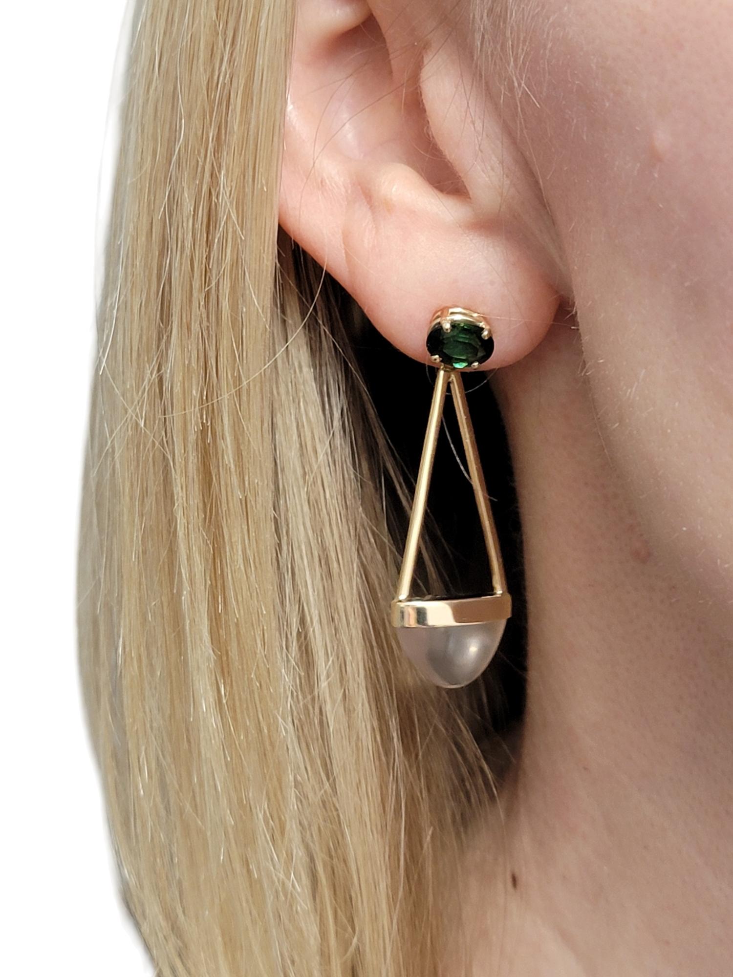 Boucles d'oreilles pendantes géométriques en or jaune 14 carats avec tourmaline ovale et quartz rose en vente 2