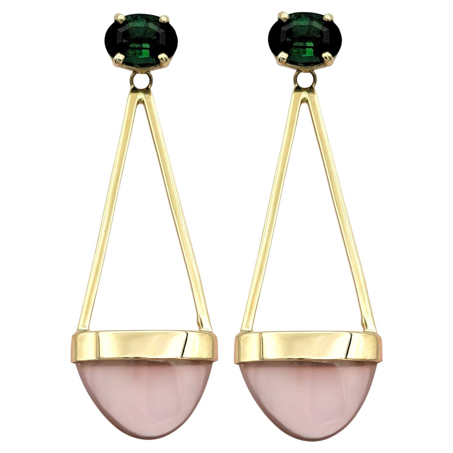 Boucles d'oreilles pendantes géométriques en or jaune 14 carats avec tourmaline ovale et quartz rose en vente