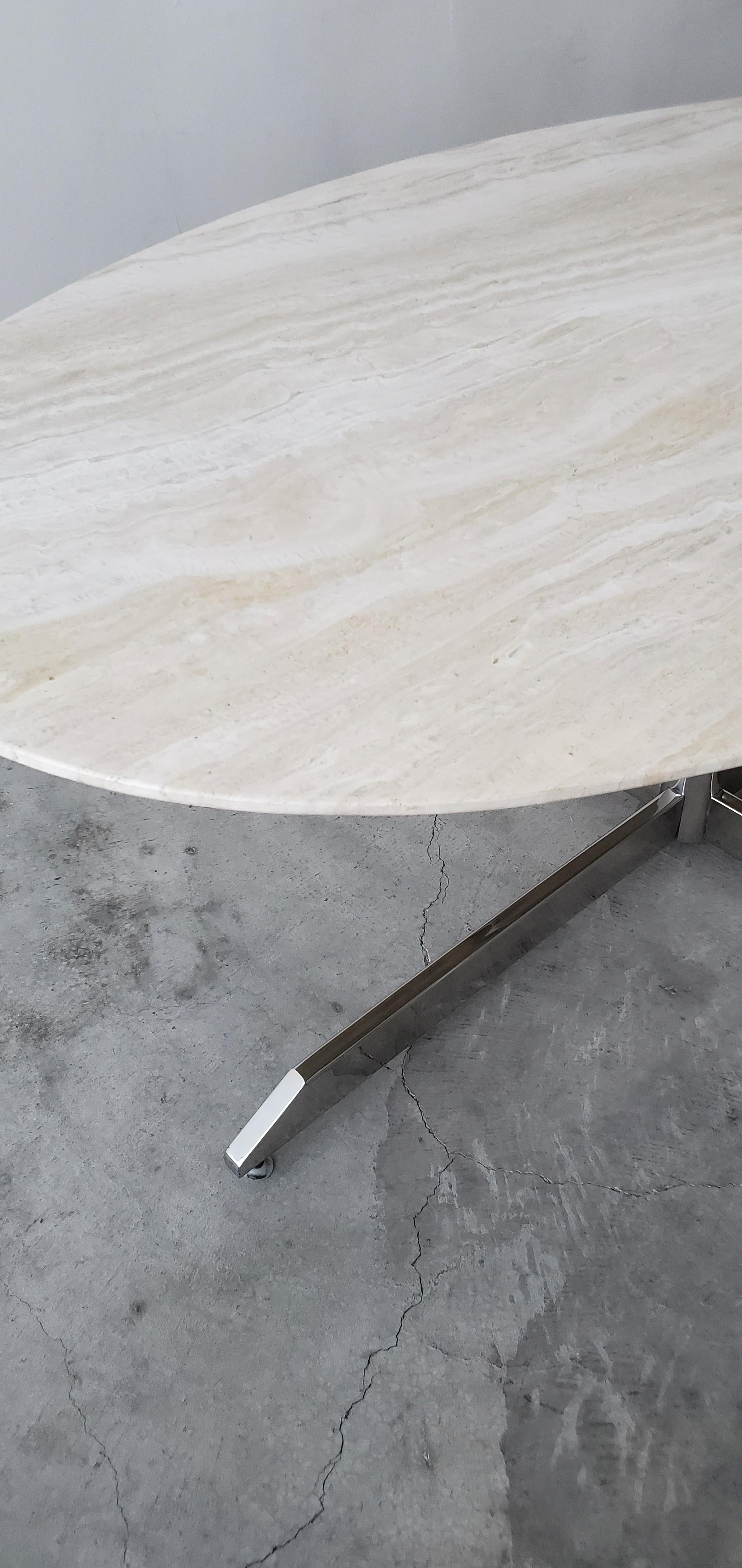 Minimalist Oval Travertine and Chrome Dining Table by Florence Knoll for Roche Bobois