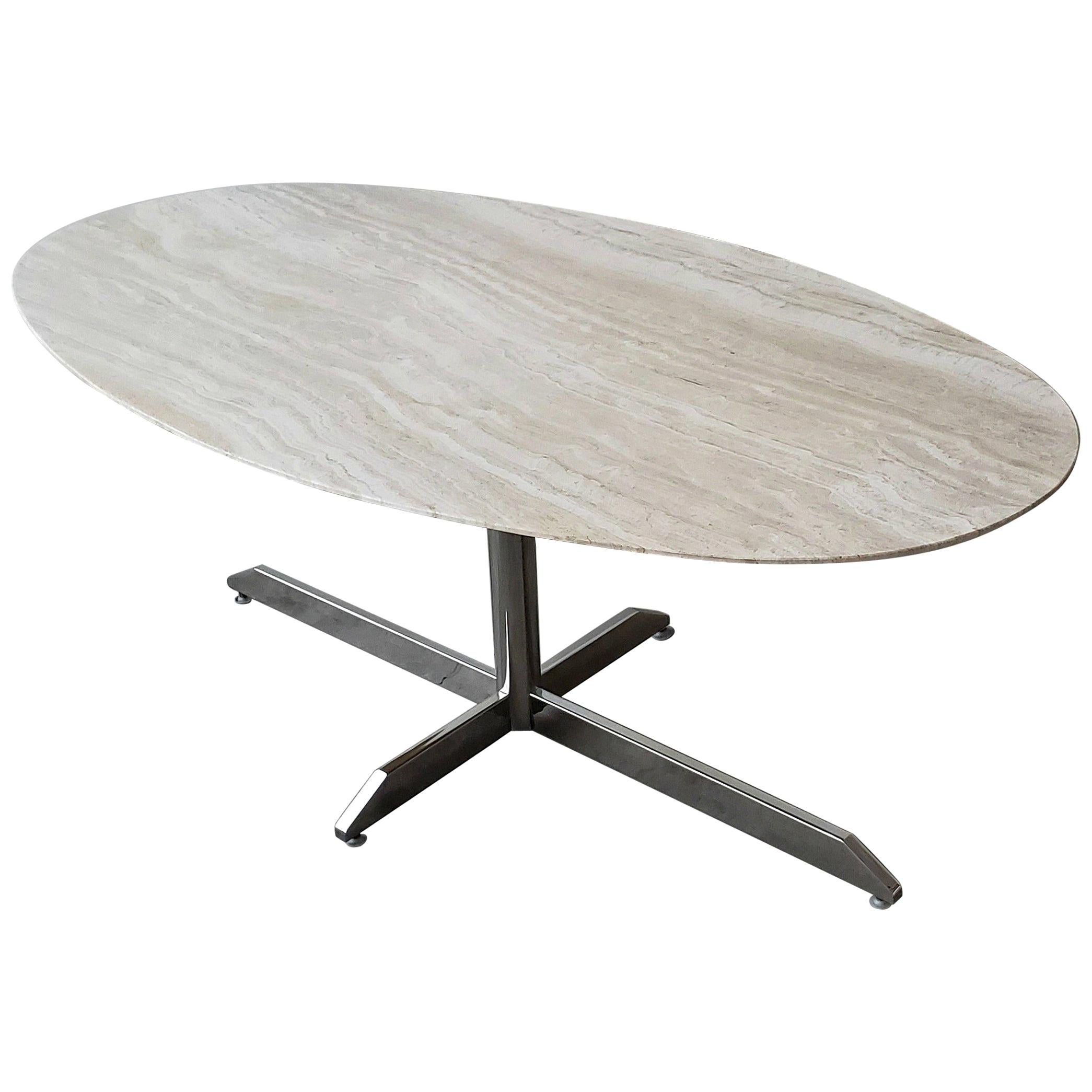 Oval Travertine and Chrome Dining Table by Florence Knoll for Roche Bobois