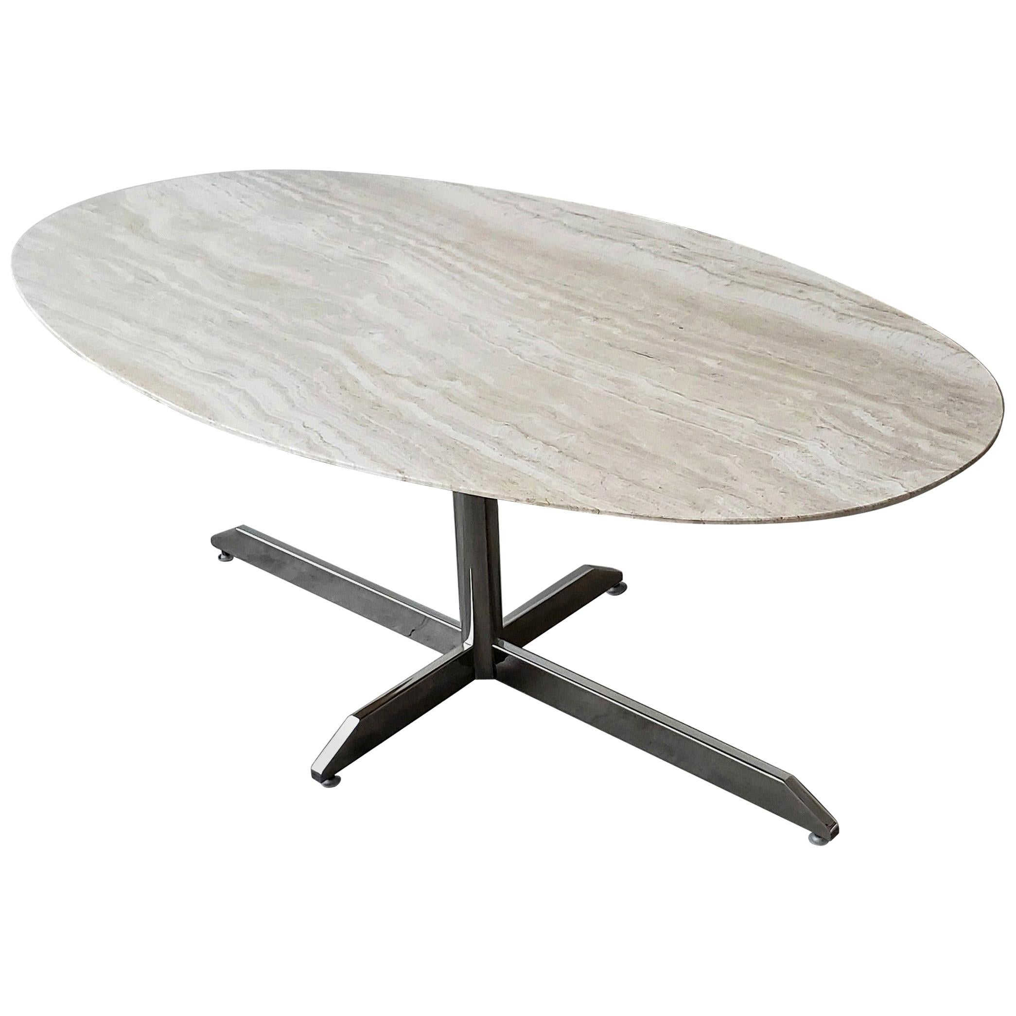 Oval Travertine and Chrome Dining Table by Florence Knoll for Roche Bobois