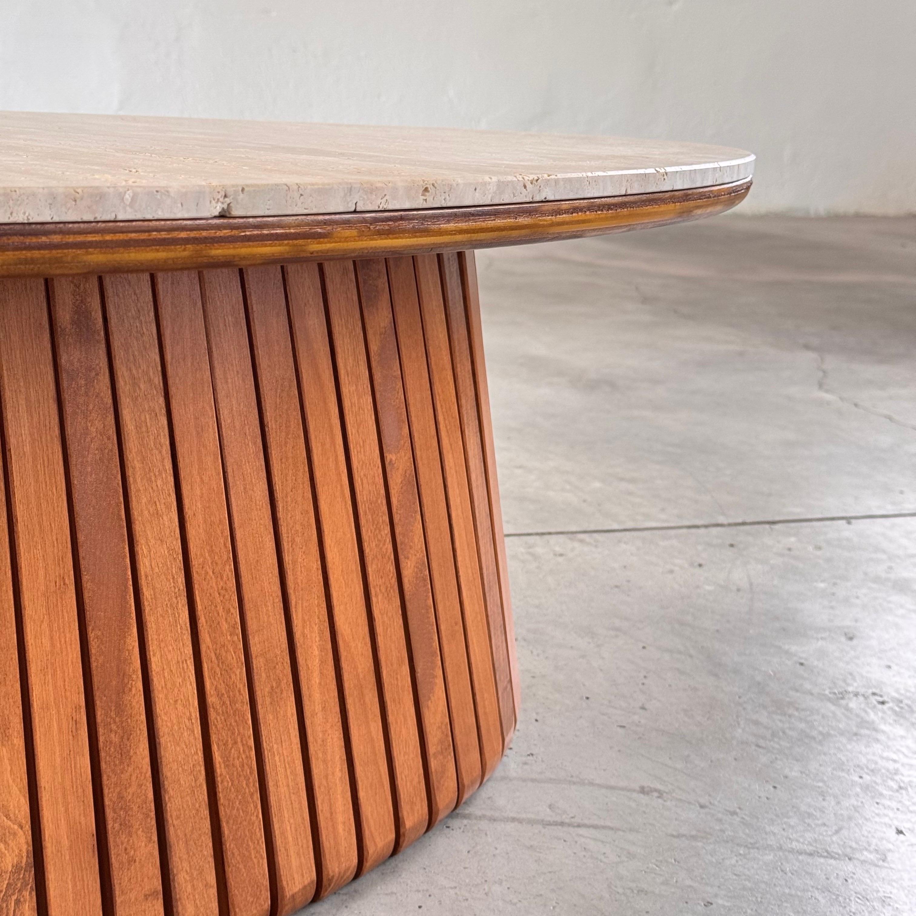 Oval Travertine Coffee Table with Ashwood Slatted Base – Made in Italy for FORME For Sale 9