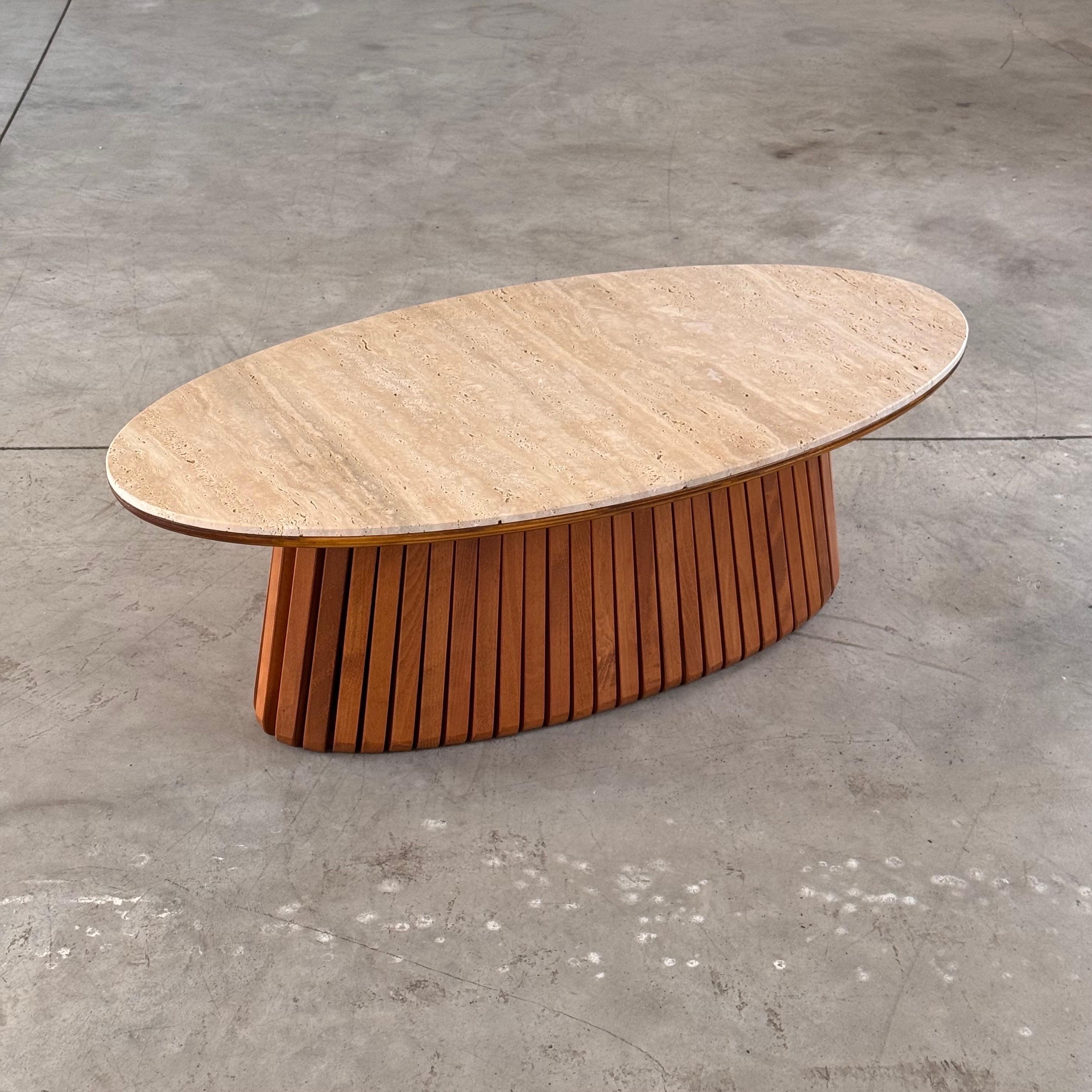 Organic Modern Oval Travertine Coffee Table with Ashwood Slatted Base – Made in Italy for FORME For Sale