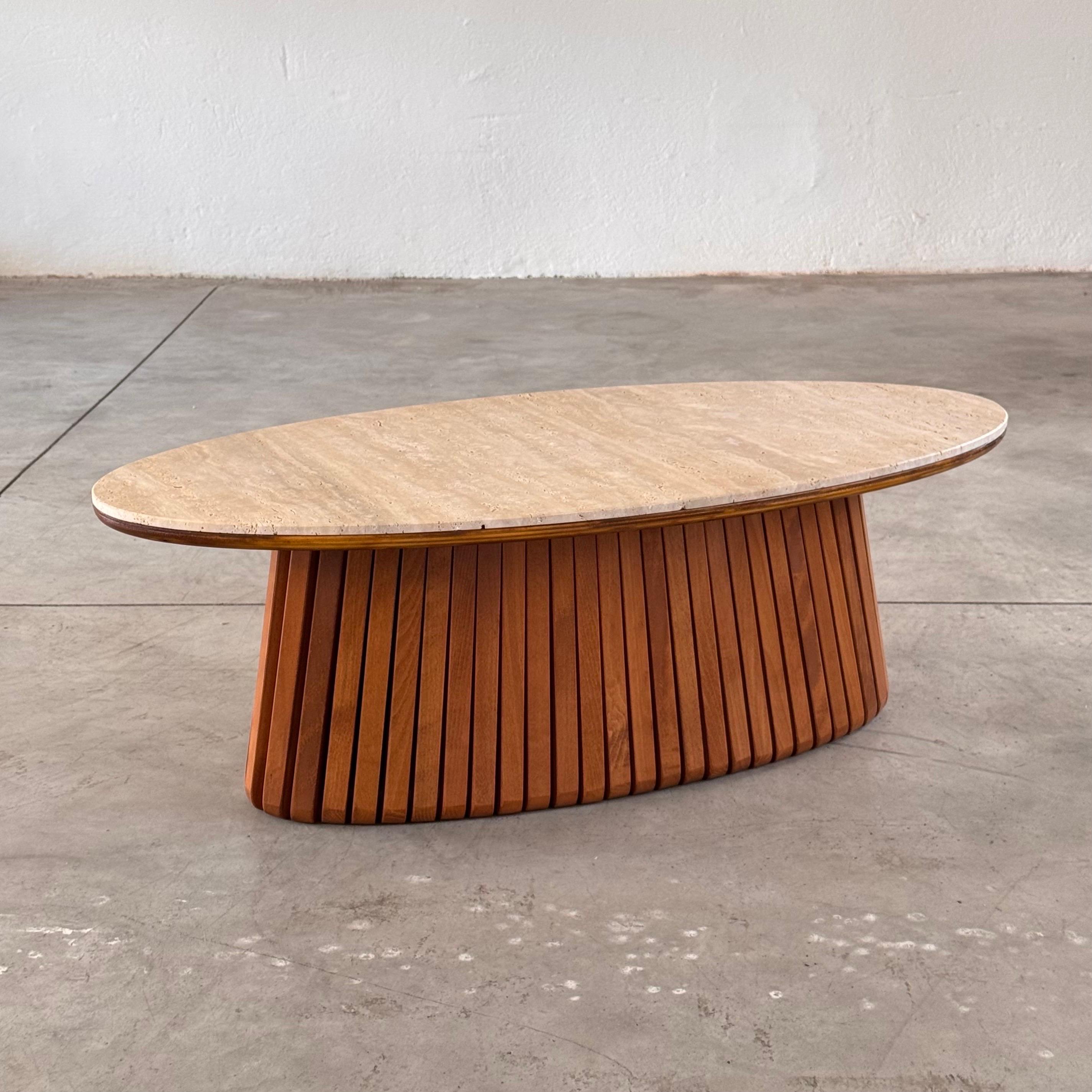 Italian Oval Travertine Coffee Table with Ashwood Slatted Base – Made in Italy for FORME For Sale