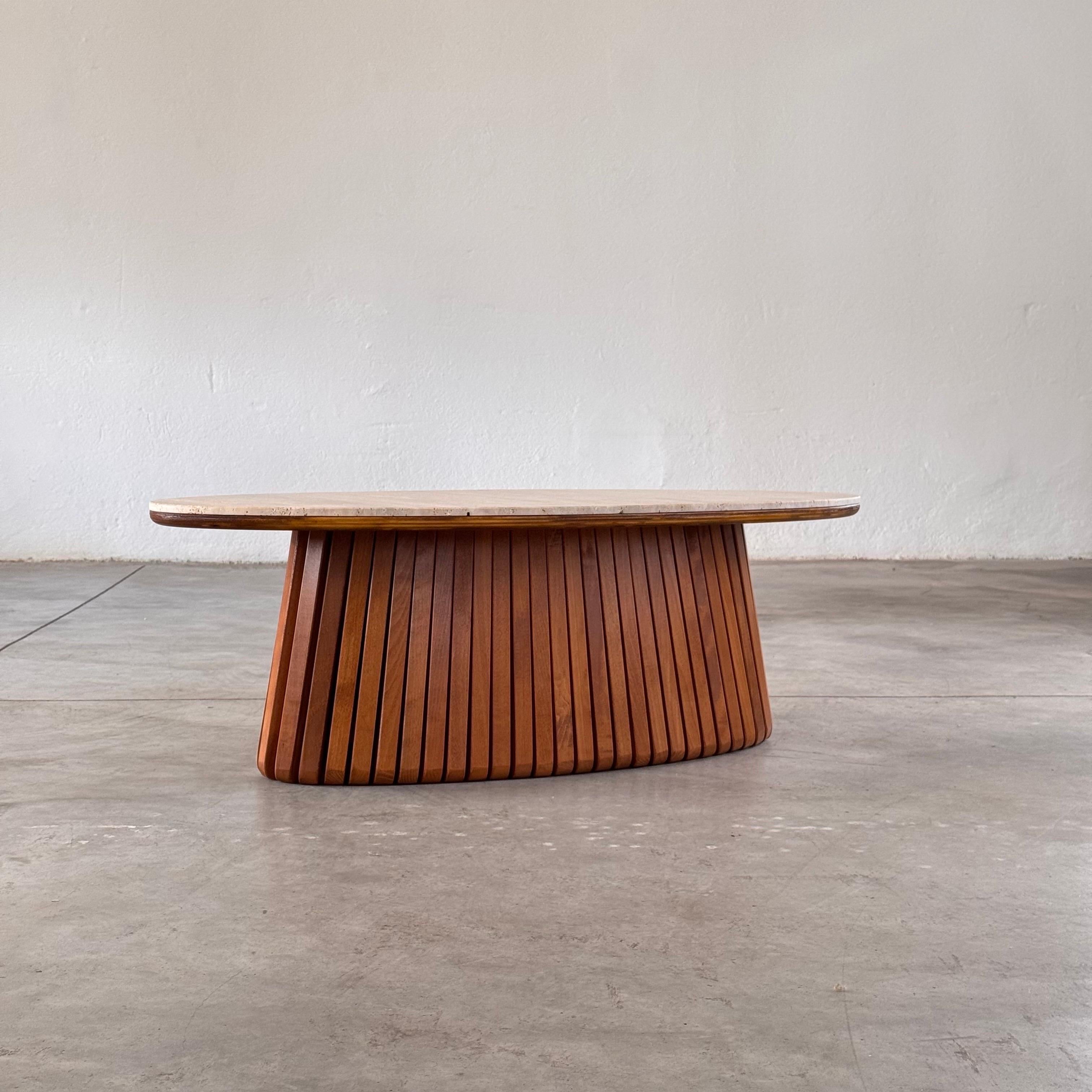 Hand-Carved Oval Travertine Coffee Table with Ashwood Slatted Base – Made in Italy for FORME For Sale