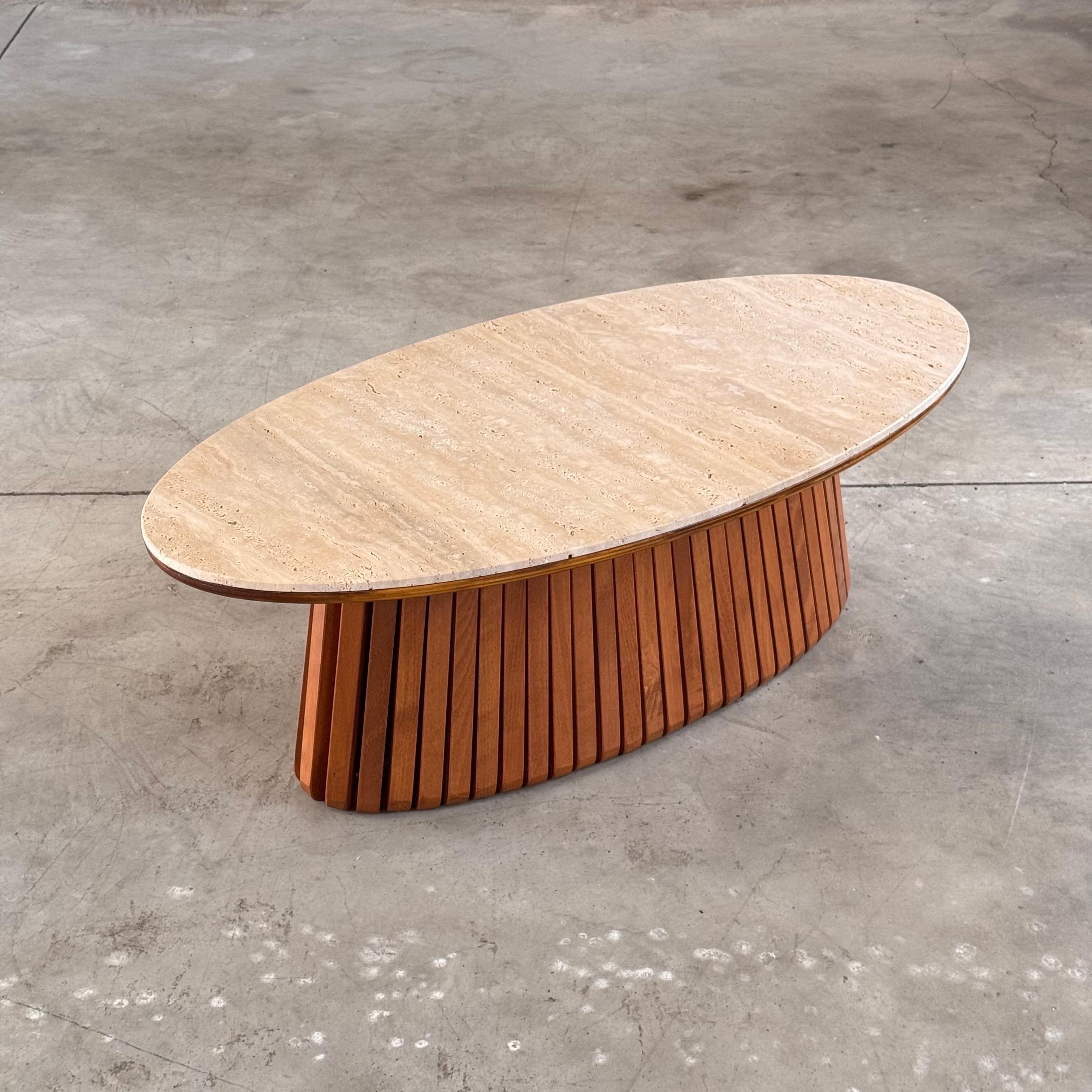 Contemporary Oval Travertine Coffee Table with Ashwood Slatted Base – Made in Italy for FORME For Sale