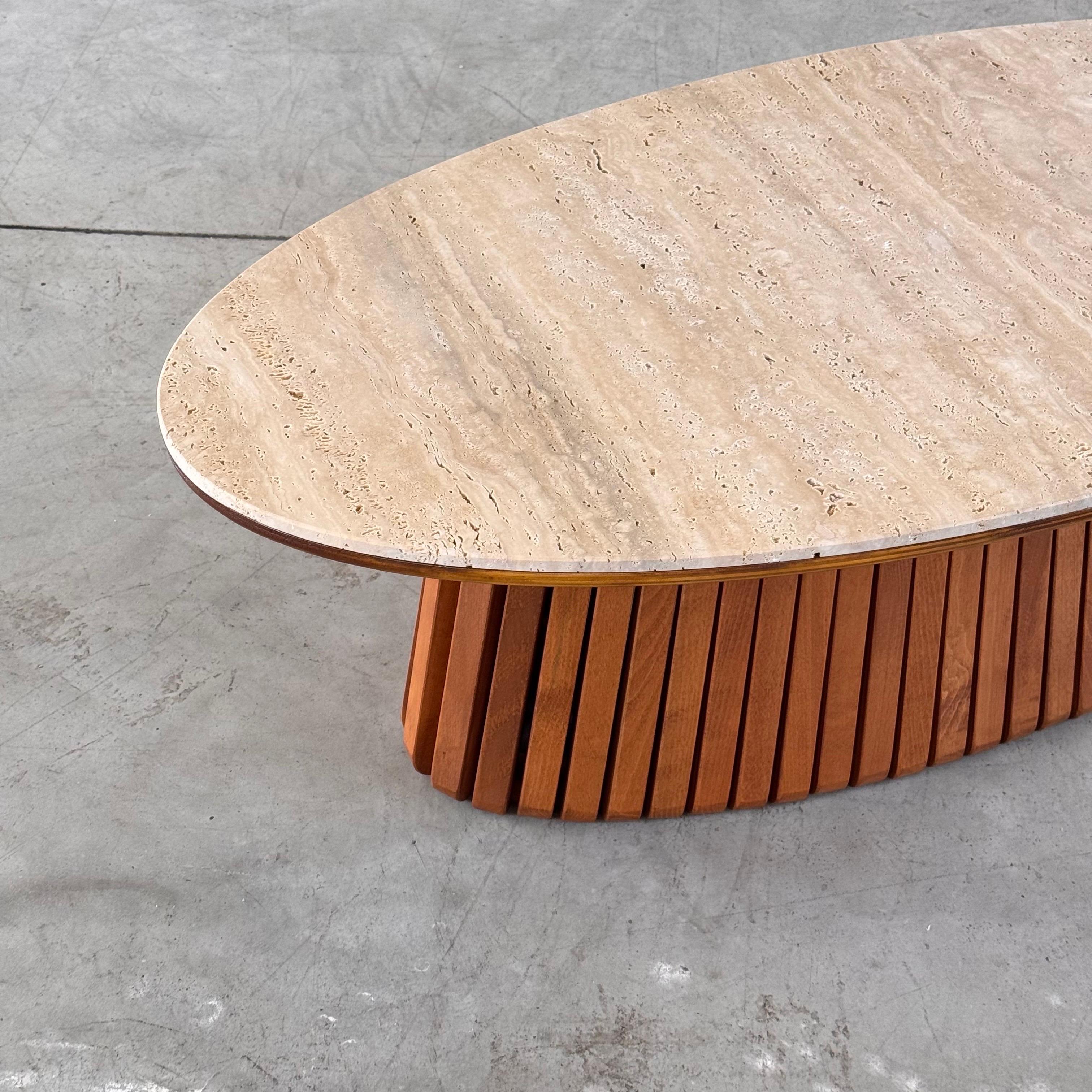 Oval Travertine Coffee Table with Ashwood Slatted Base – Made in Italy for FORME For Sale 1