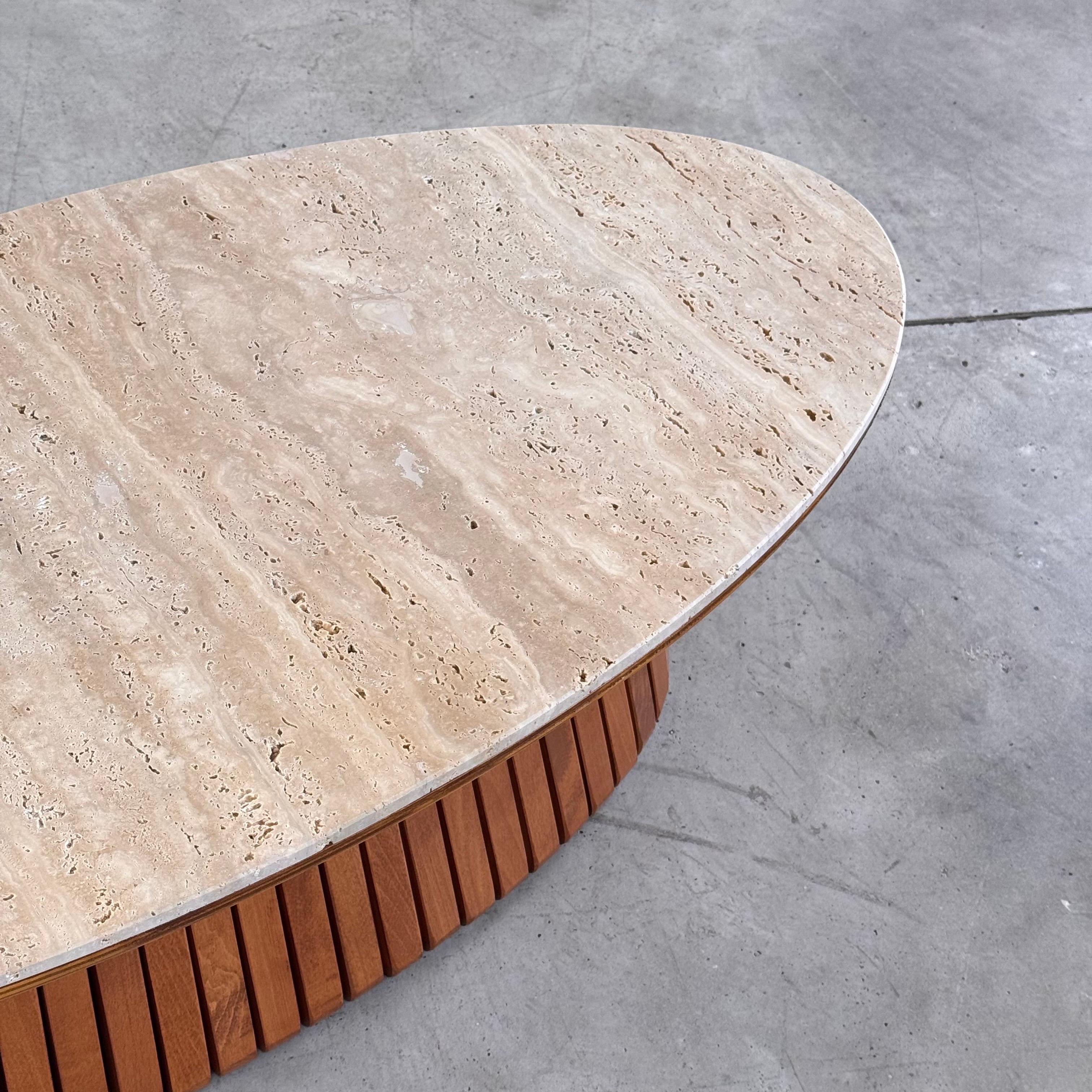 Oval Travertine Coffee Table with Ashwood Slatted Base – Made in Italy for FORME For Sale 2