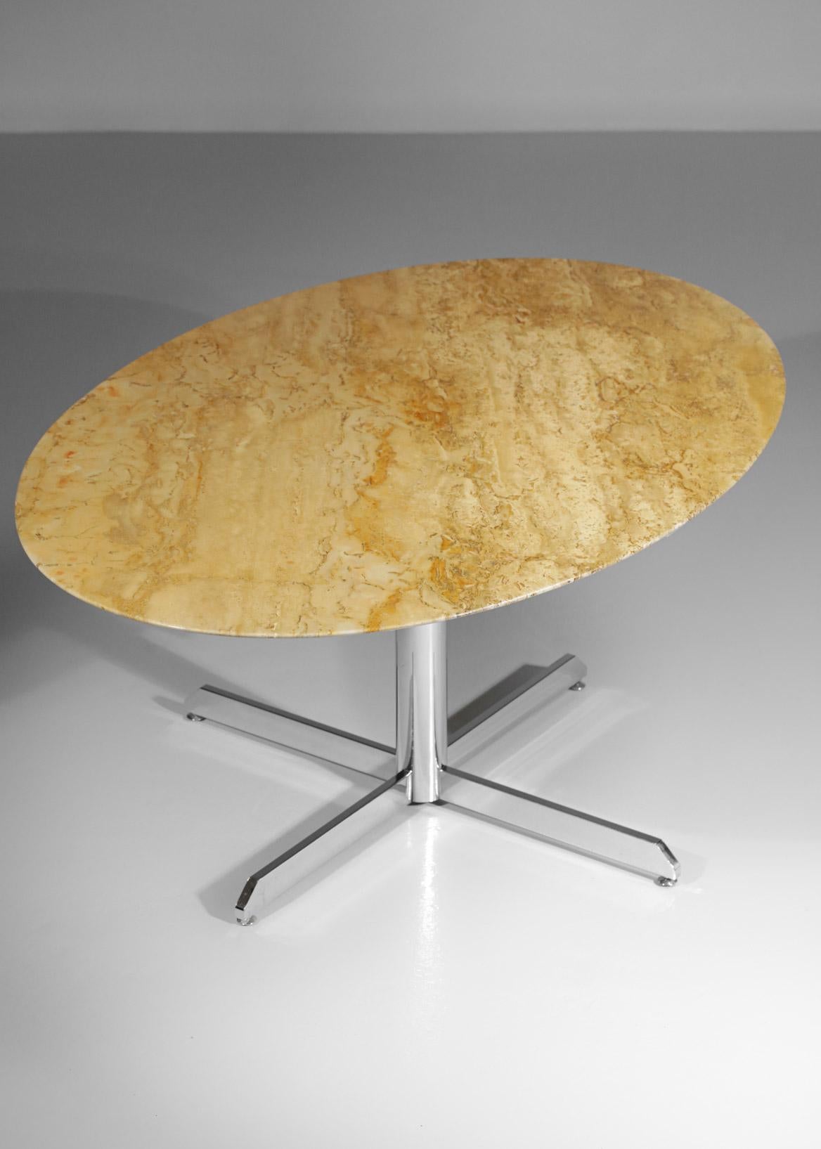 Oval Travertine Marble Dining Table with Chrome Four Star-Feet from the 70's 4
