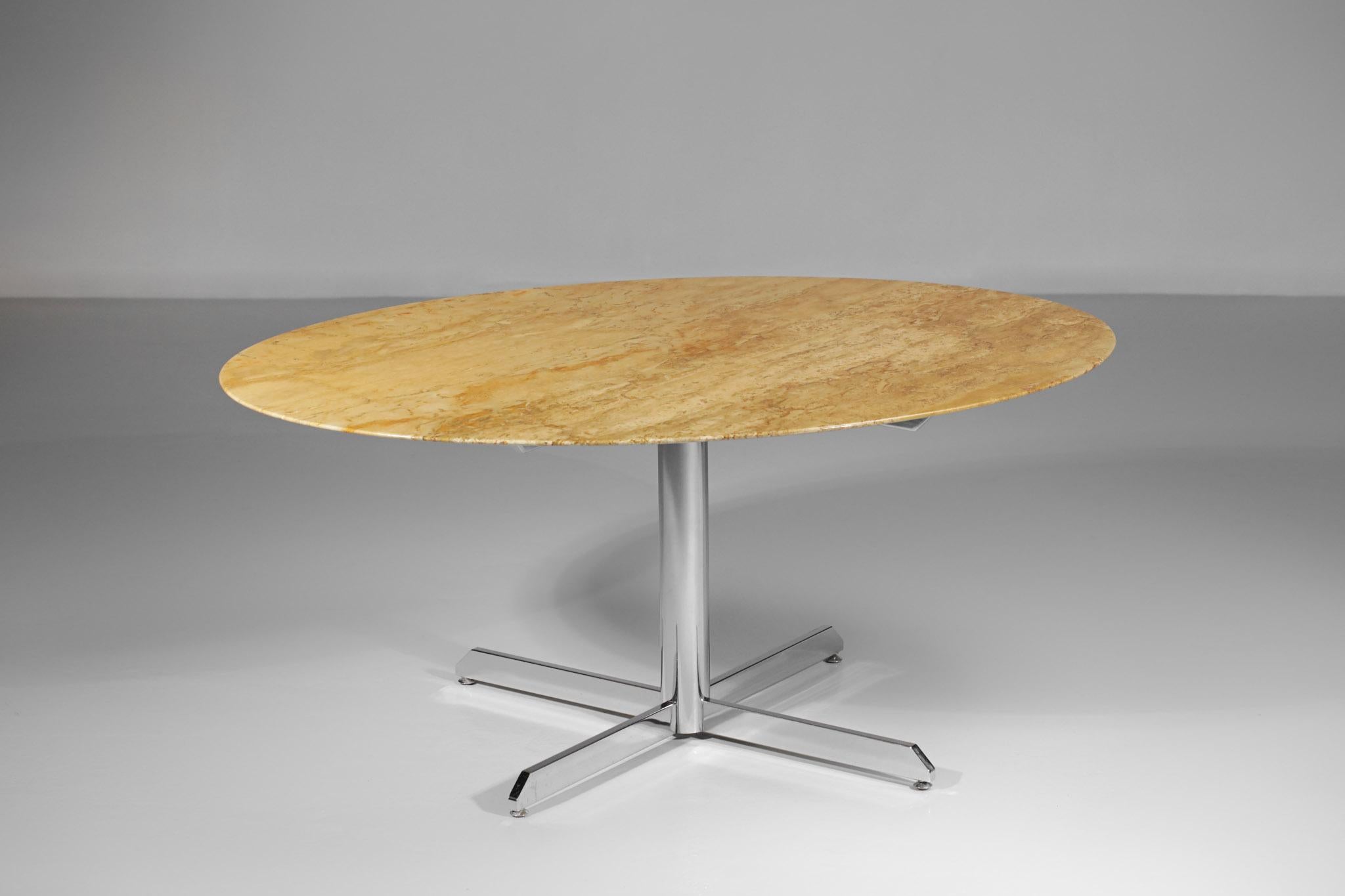 Mid-Century Modern Oval Travertine Marble Dining Table with Chrome Four Star-Feet from the 70's