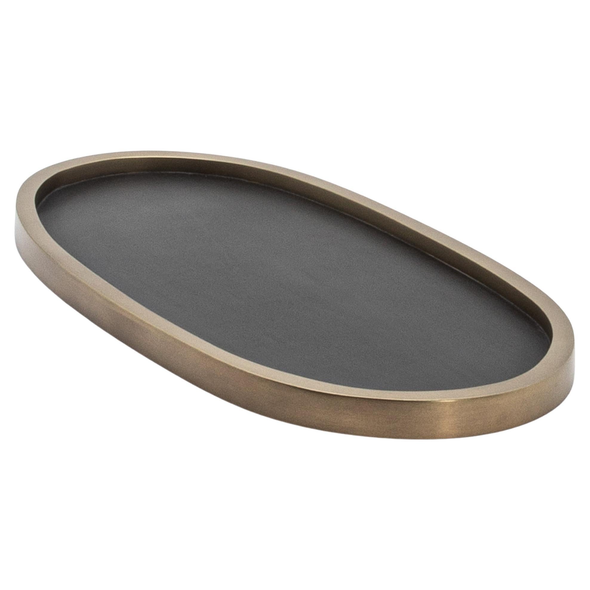 Oval Tray in Black Oak with Bronze Patina Brass by Kifu Paris