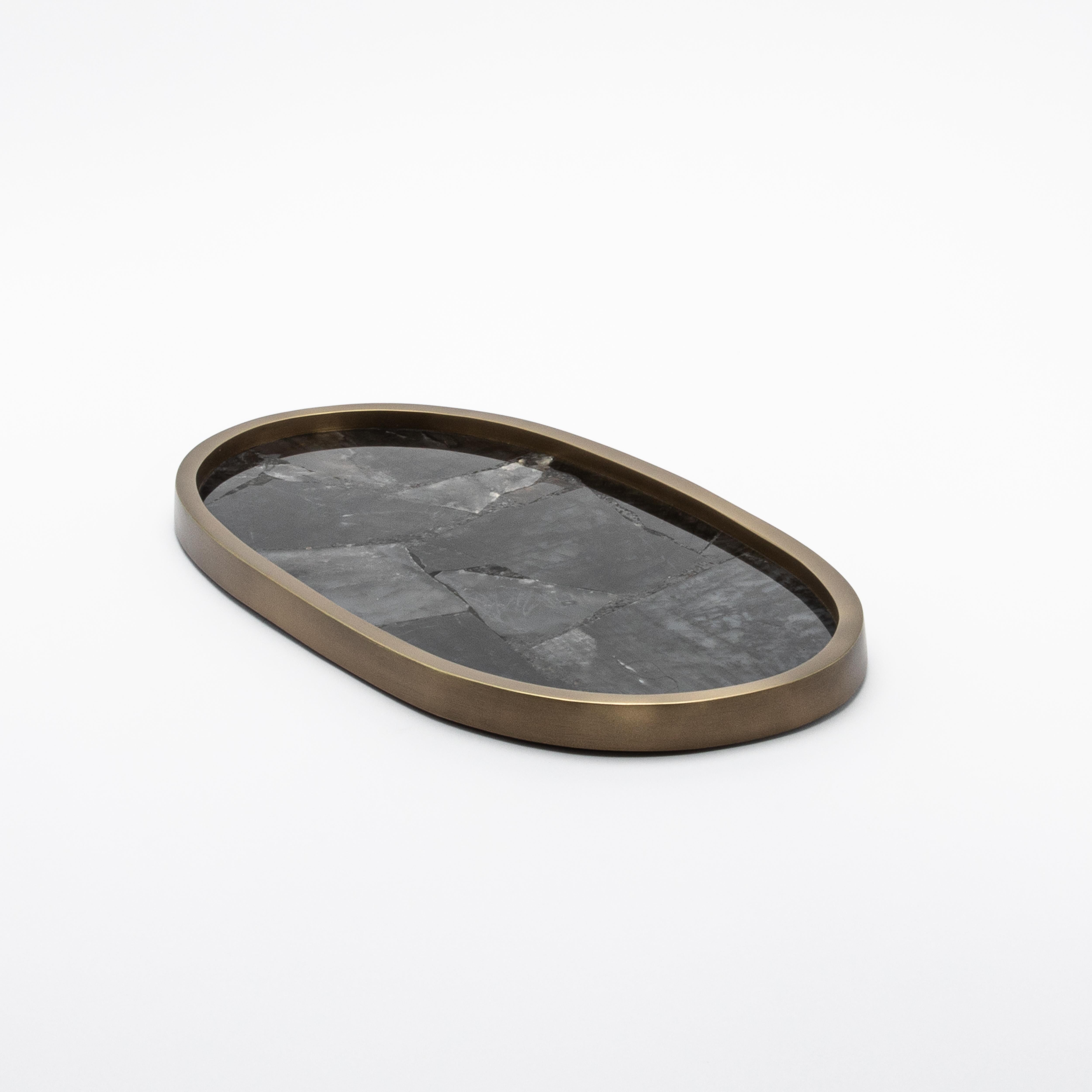 Philippine Oval Tray in Black Quartz with Bronze Patina Brass by Kifu Paris For Sale