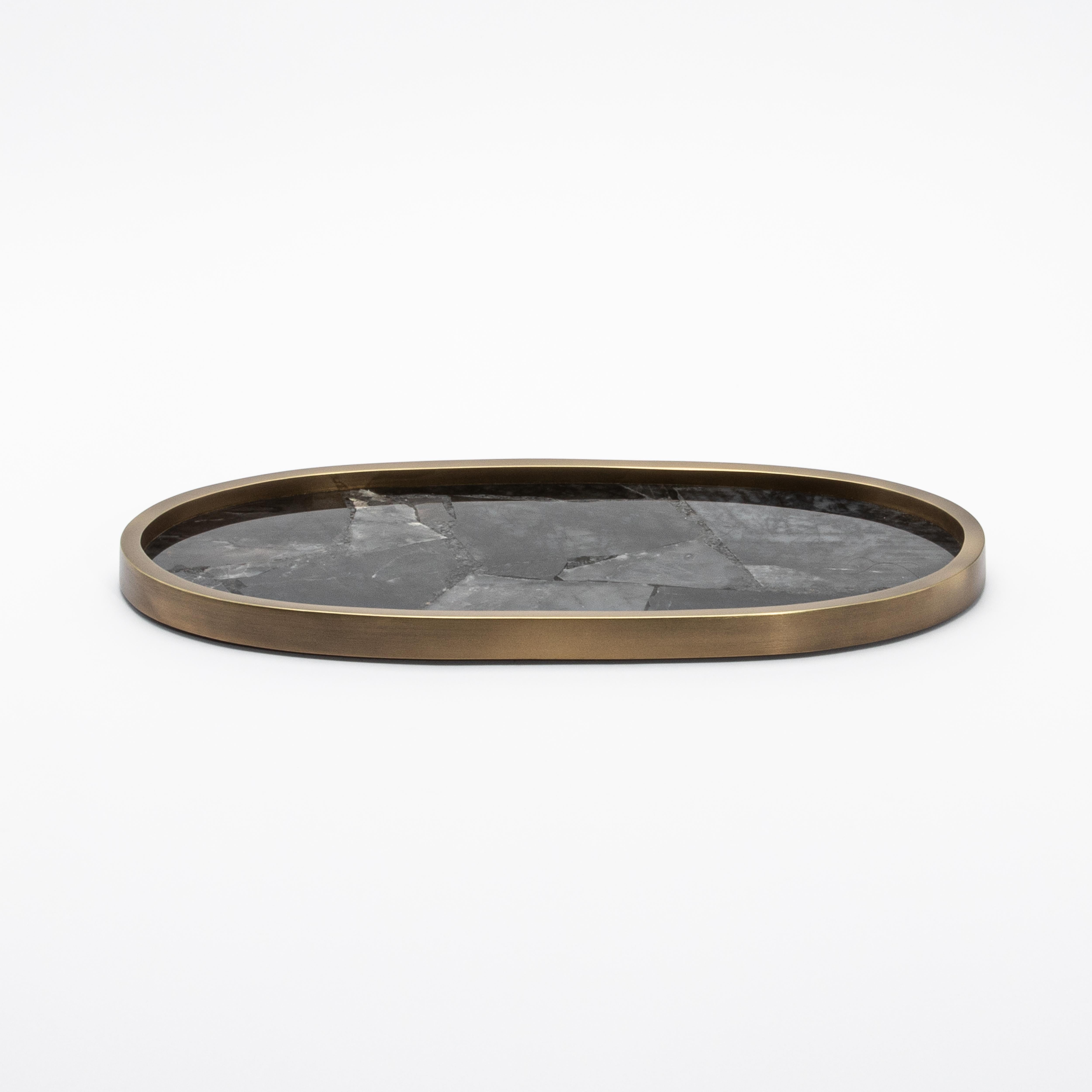 Hand-Crafted Oval Tray in Black Quartz with Bronze Patina Brass by Kifu Paris For Sale