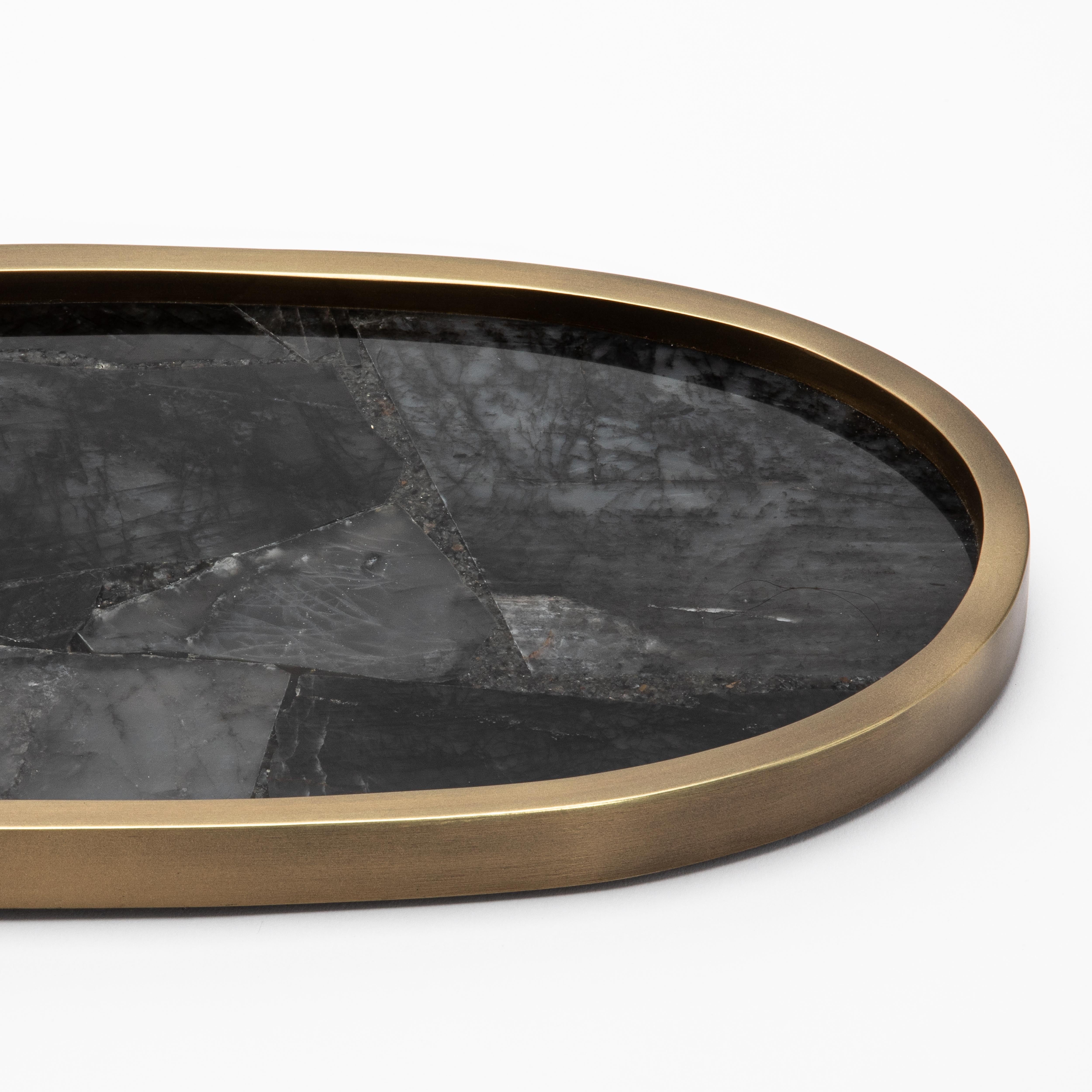 Oval Tray in Black Quartz with Bronze Patina Brass by Kifu Paris For Sale 1