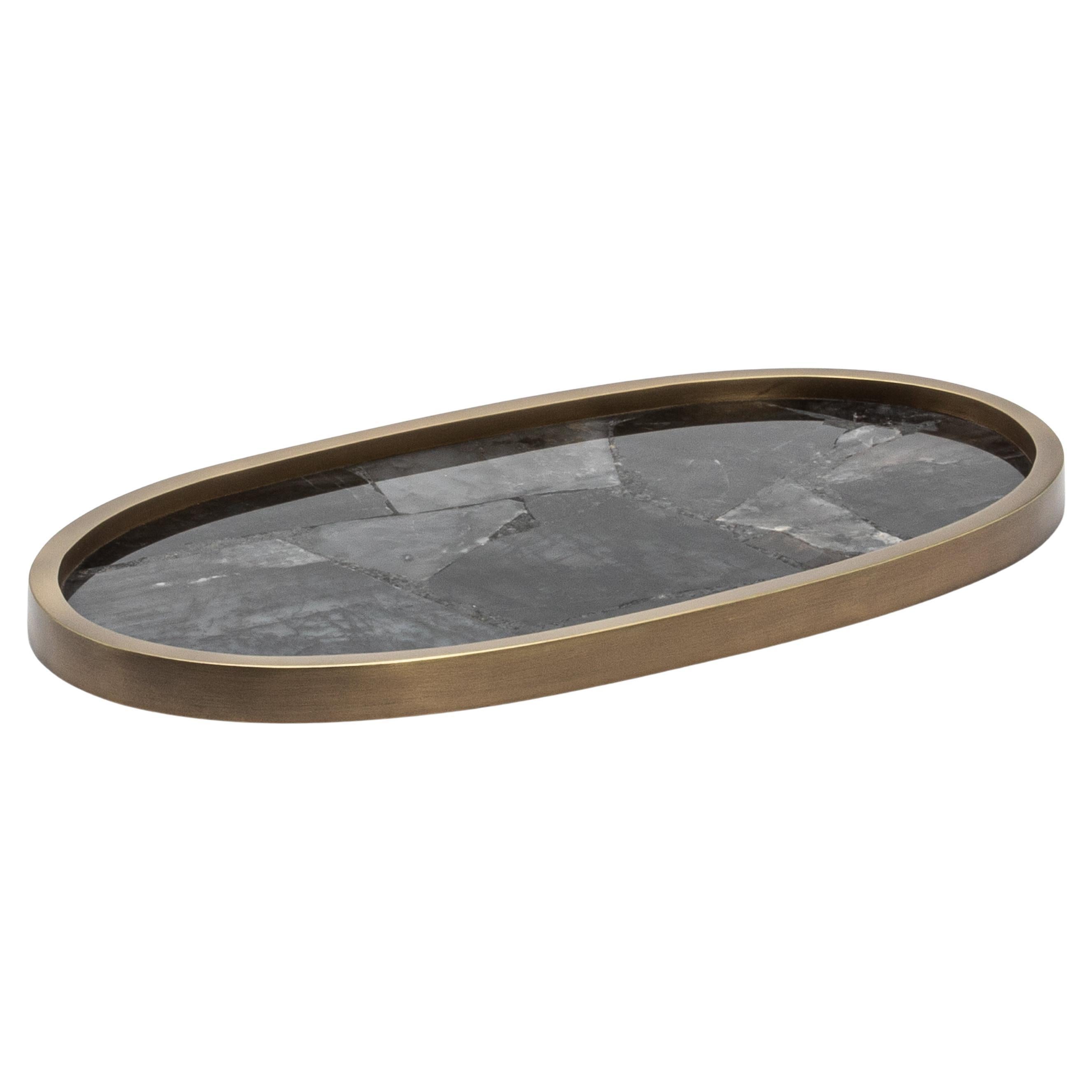 Oval Tray in Black Quartz with Bronze Patina Brass by Kifu Paris For Sale