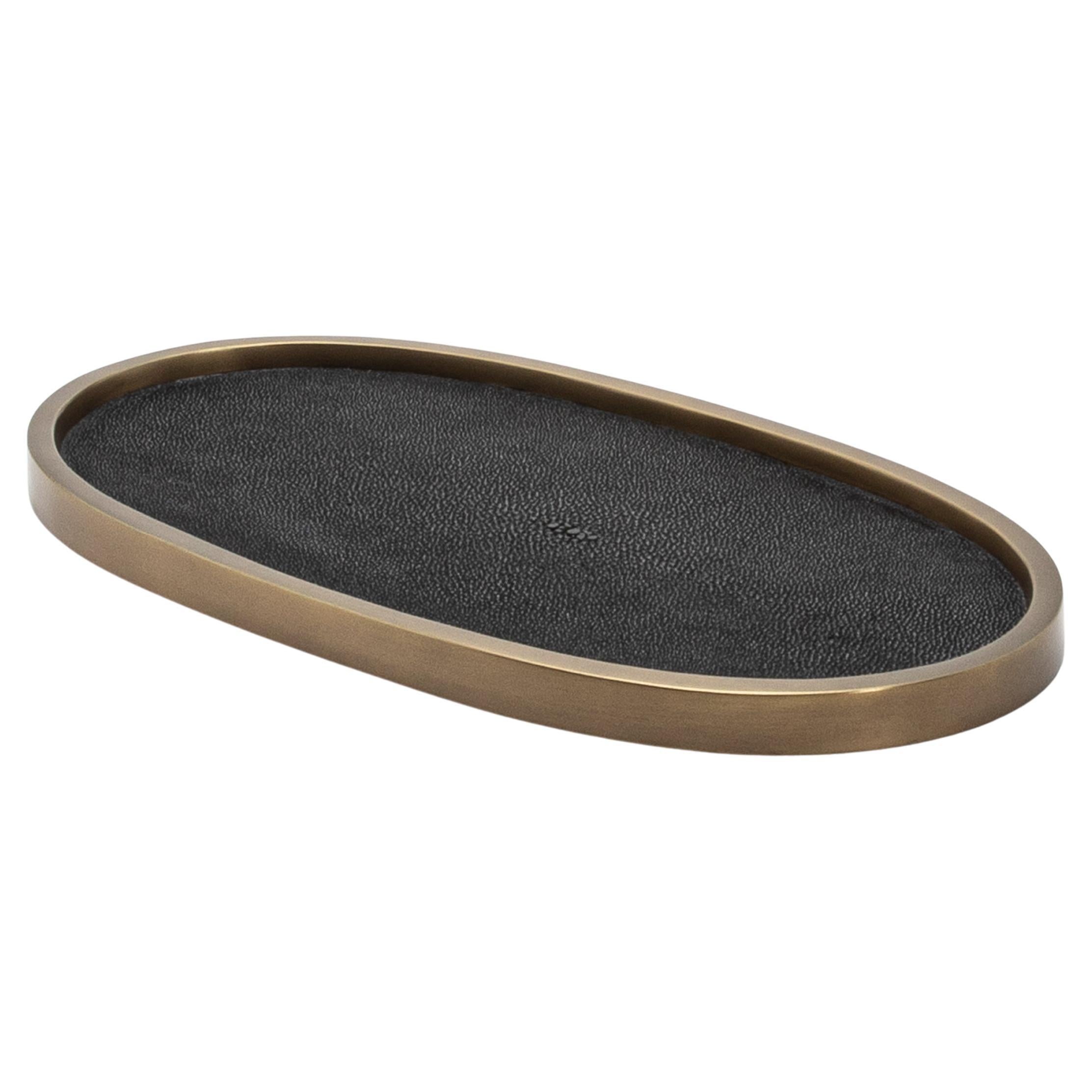 Oval Tray in Black Shagreen with Bronze Patina Brass by Kifu Paris