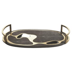 Oval Tray in Coal Black Shagreen with Bronze-Patina Brass by Kifu Paris