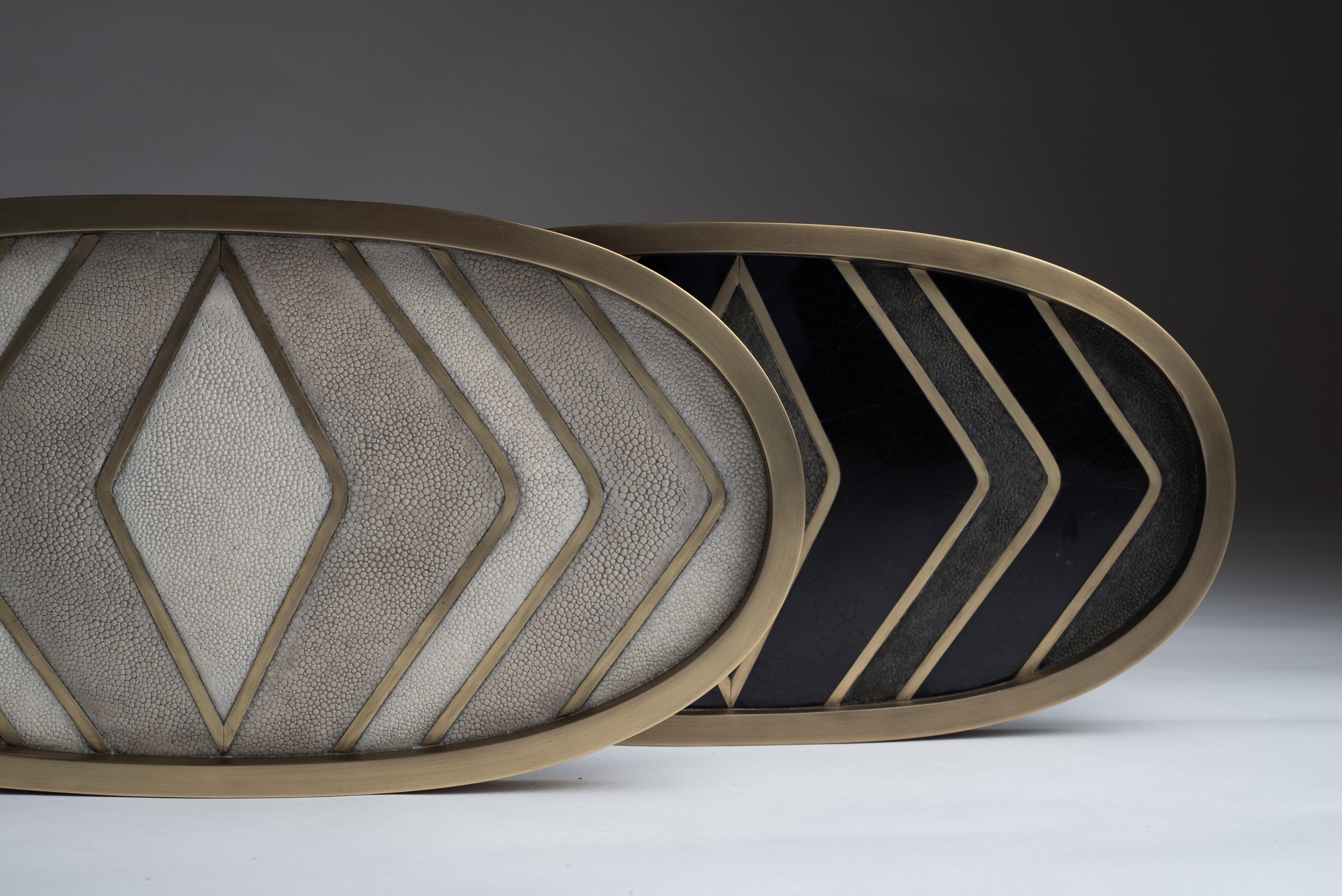 Oval Tray in Cream Shagreen and Brass by Kifu, Paris 1