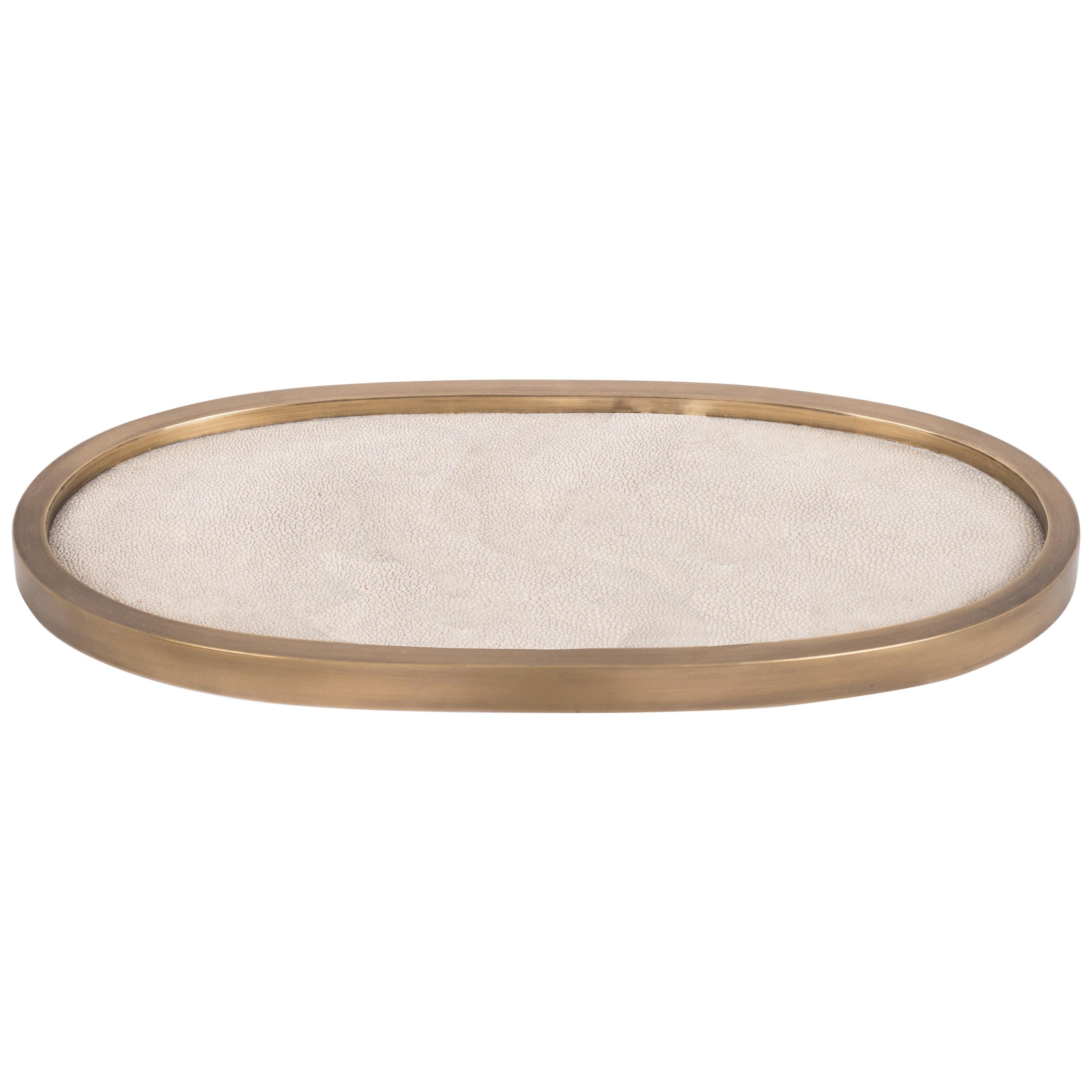Oval Tray in Cream Shagreen and Brass by Kifu, Paris
