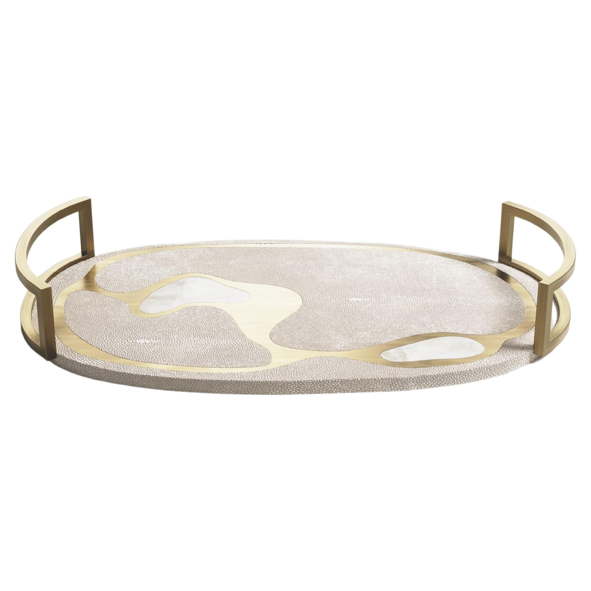 Ovales Tablett in cremefarbenem Chagrinleder mit Bronze-Patina-Messing von Kifu Paris im Angebot