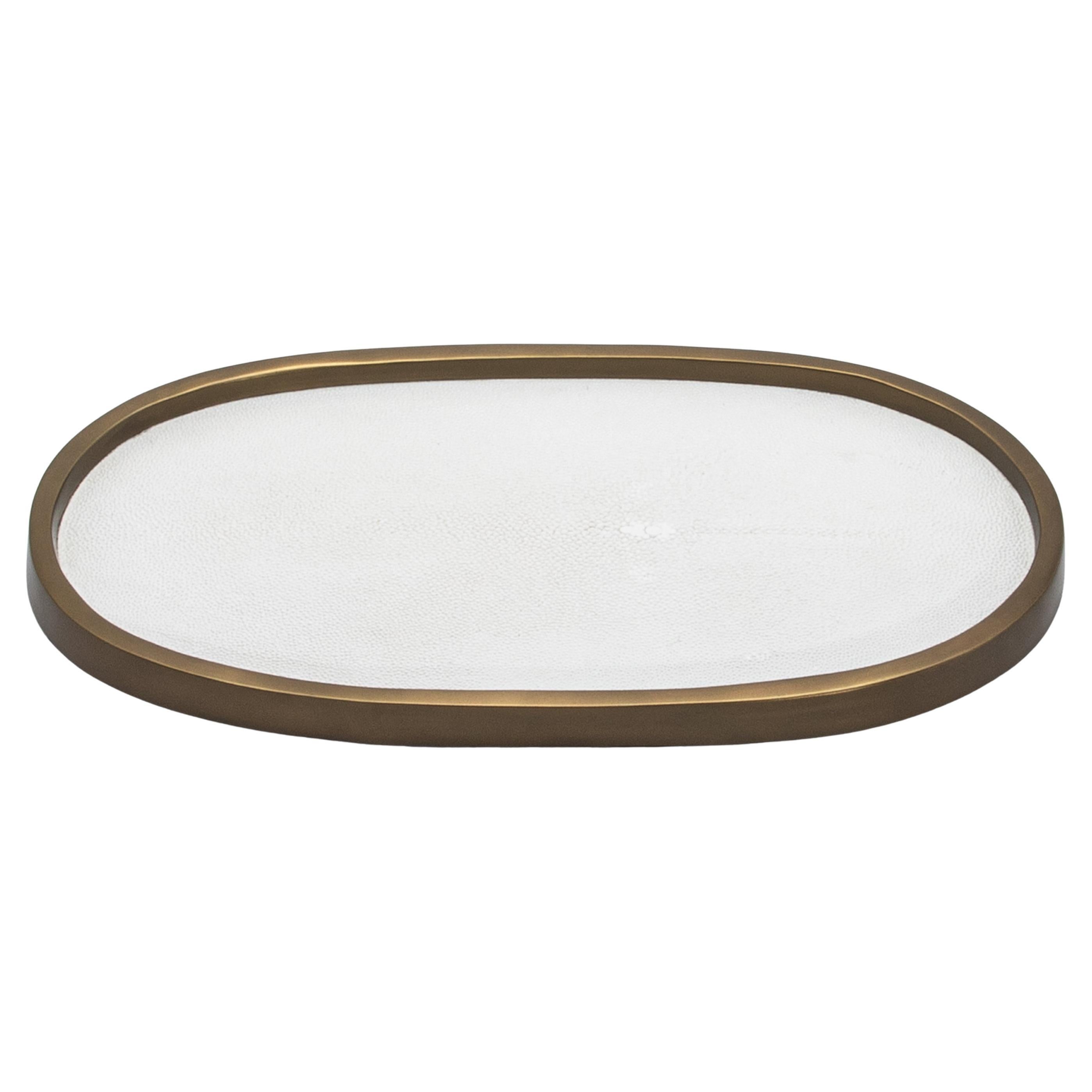 Oval Tray in White Shagreen with Bronze Patina Brass by Kifu Paris