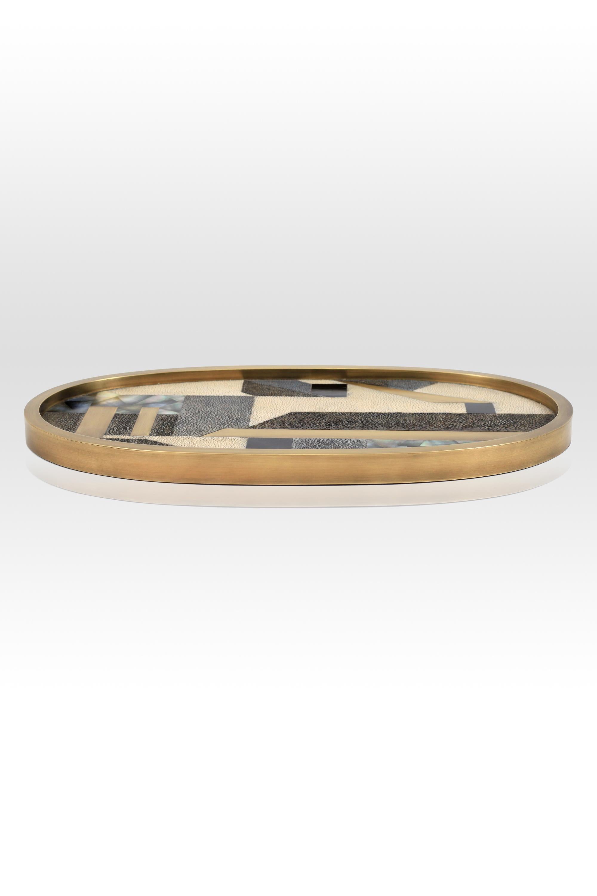 Oval Tray inlaid in Blue Shell and Brass by Kifu, Paris 10