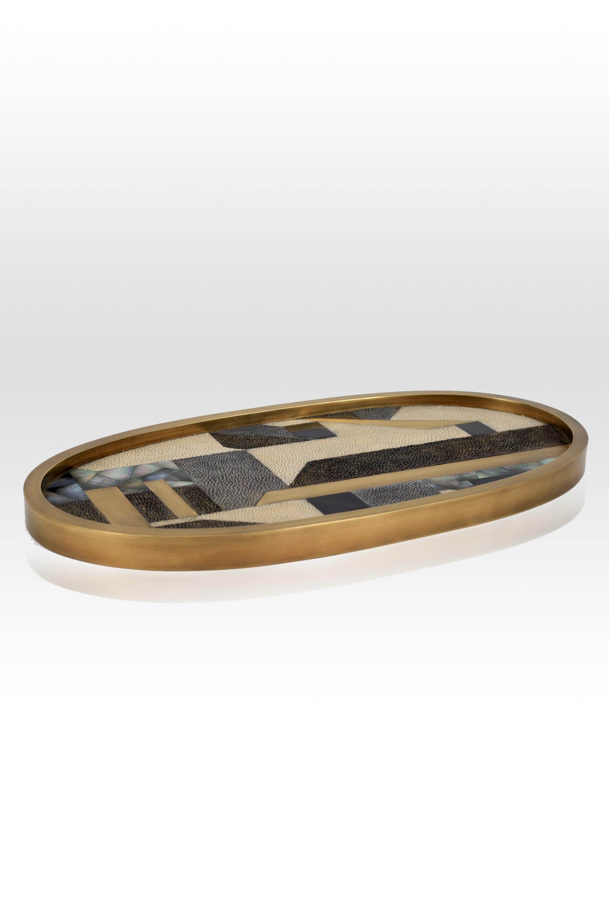 Oval Tray inlaid in Blue Shell and Brass by Kifu, Paris 11