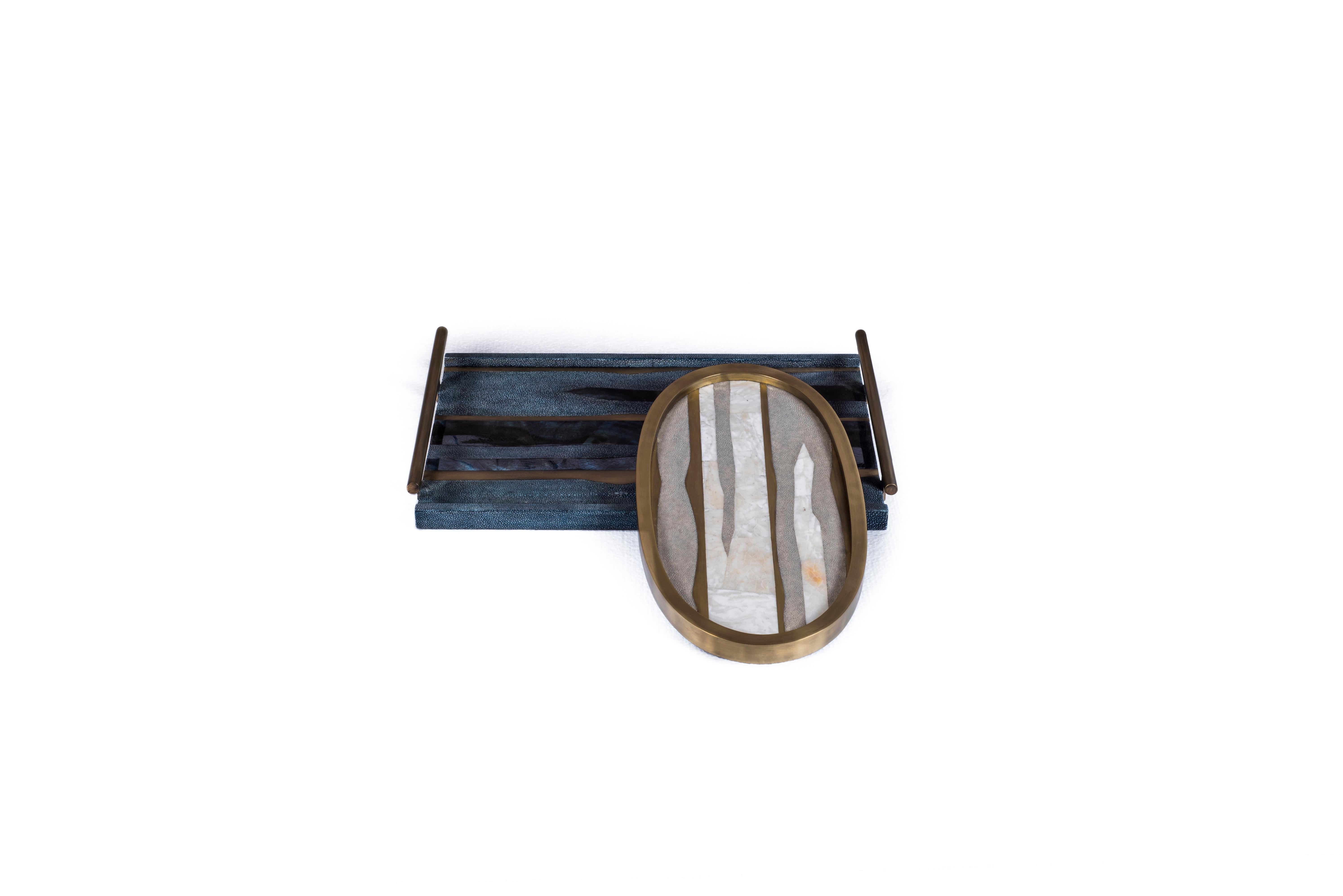 Oval Tray inlaid in Blue Shell and Brass by Kifu, Paris 2