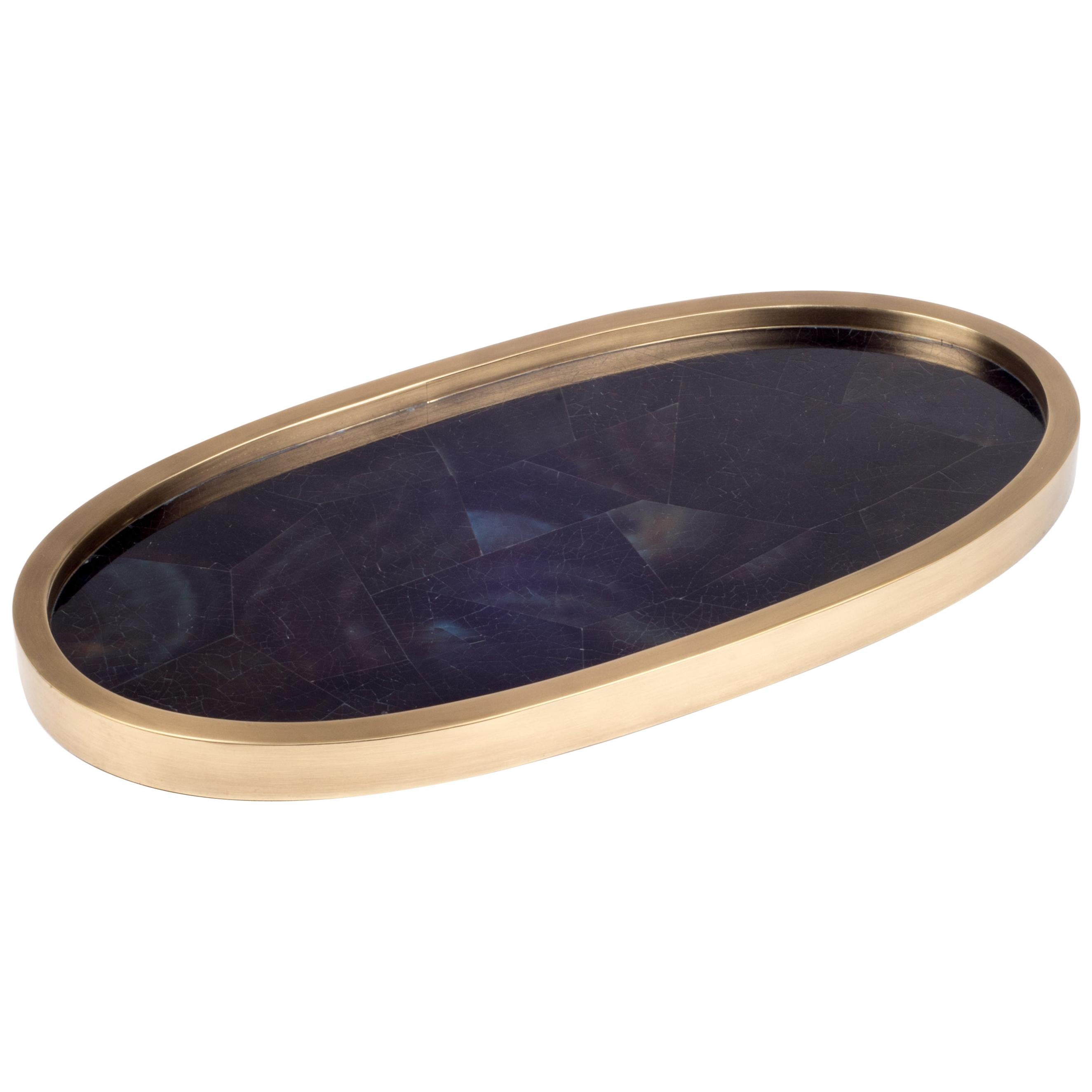 Oval Tray inlaid in Blue Shell and Brass by Kifu, Paris
