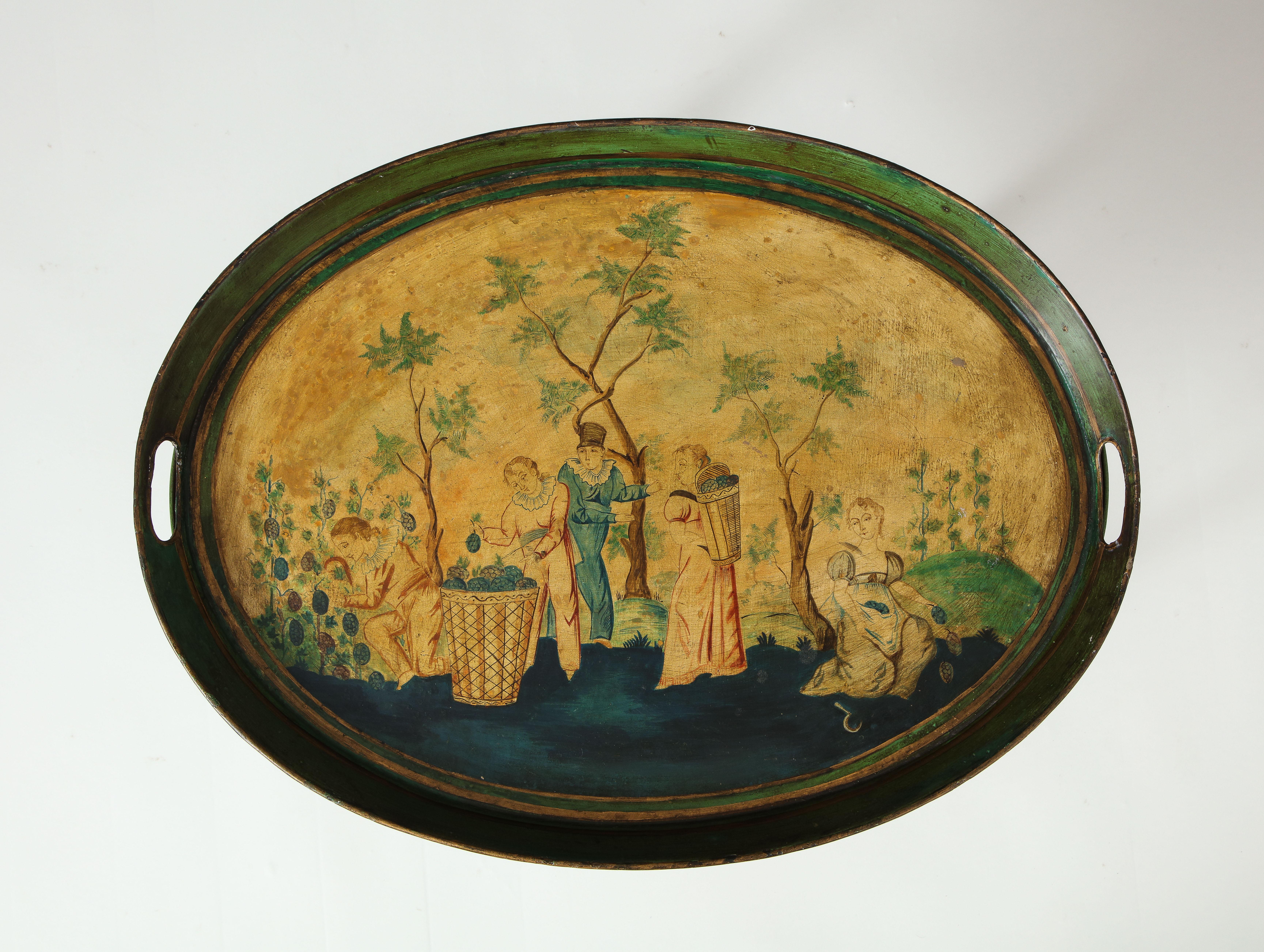Oval Tray Table Decorated with European Pastoral Scene In Good Condition In New York, NY