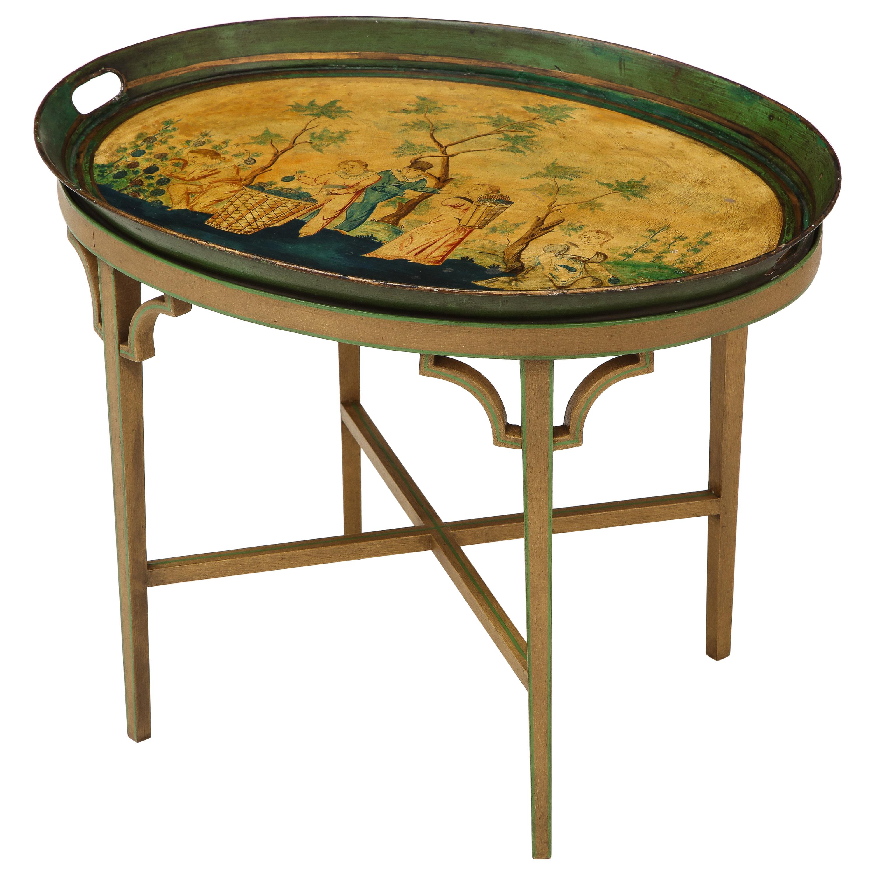 Oval Tray Table Decorated with European Pastoral Scene