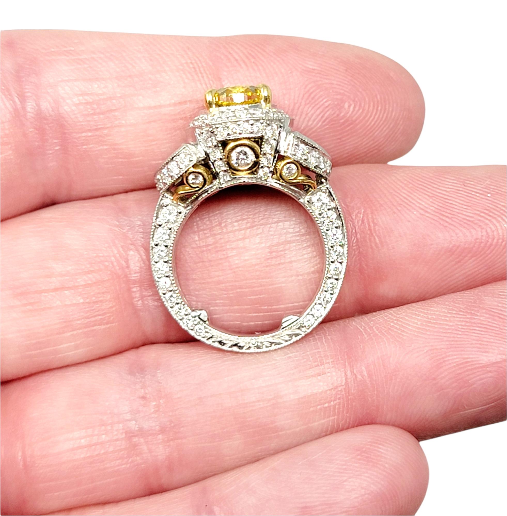 Oval Treated Vivid Yellow Diamond and Half Moon White Diamond Engagement Ring For Sale 3