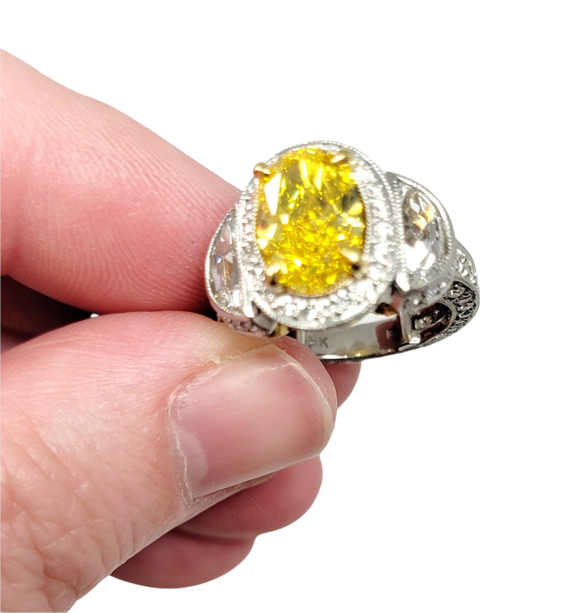 Oval Treated Vivid Yellow Diamond and Half Moon White Diamond Engagement Ring For Sale 4