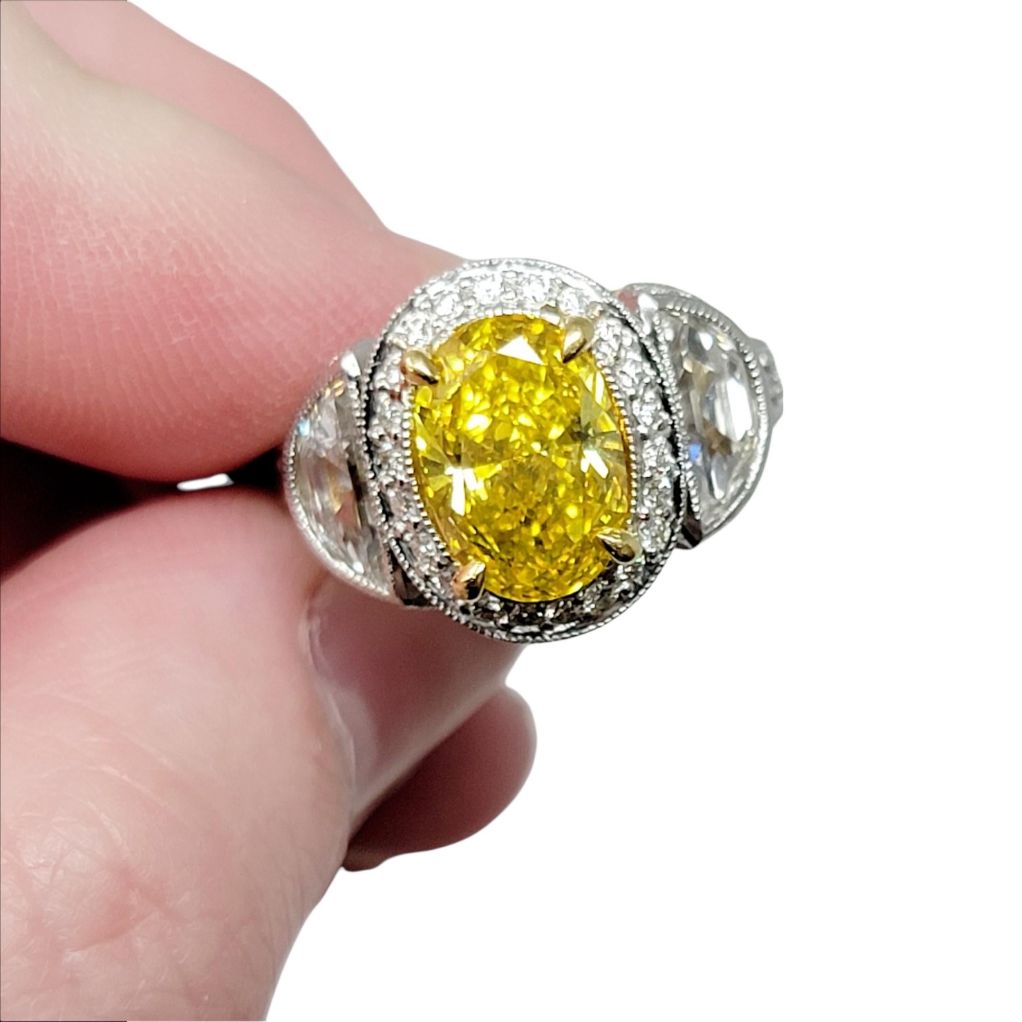 Oval Treated Vivid Yellow Diamond and Half Moon White Diamond Engagement Ring For Sale 6