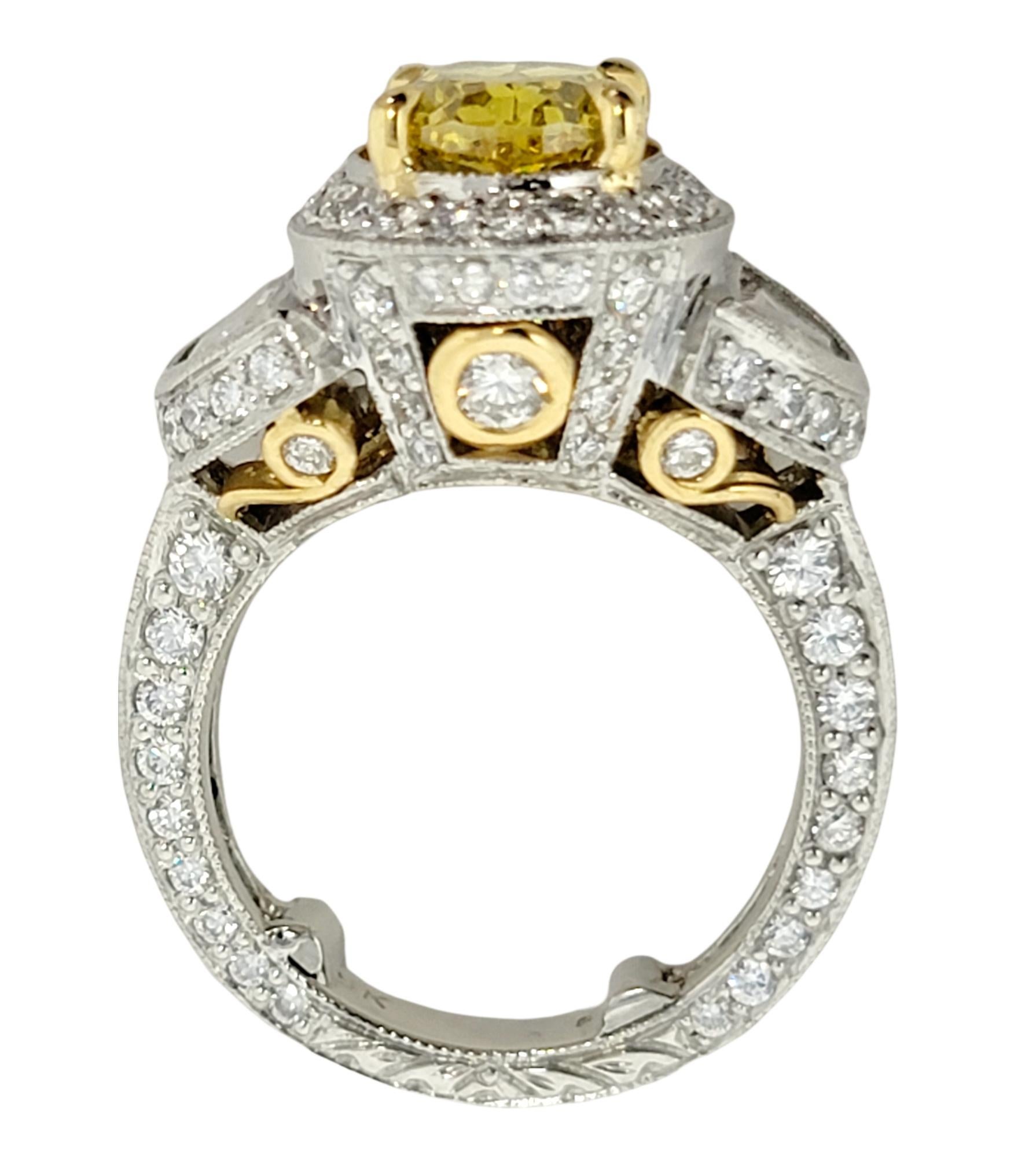Contemporary Oval Treated Vivid Yellow Diamond and Half Moon White Diamond Engagement Ring For Sale