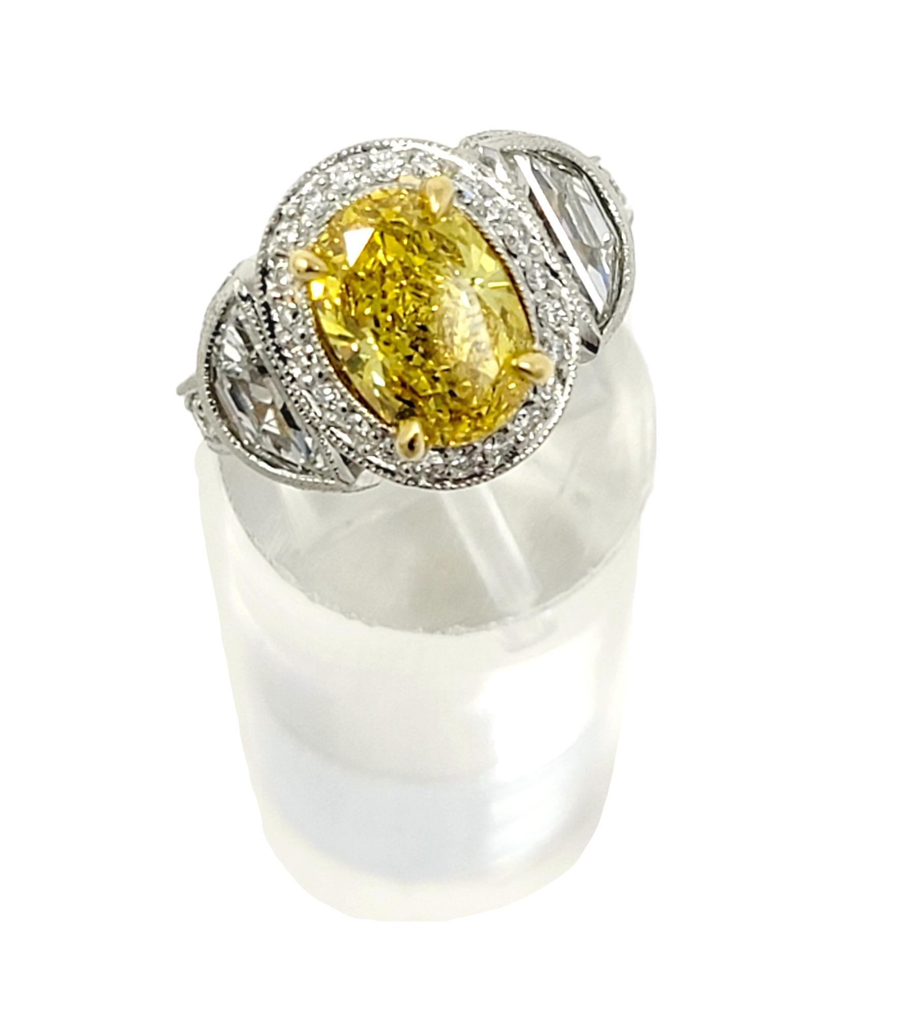Women's Oval Treated Vivid Yellow Diamond and Half Moon White Diamond Engagement Ring For Sale
