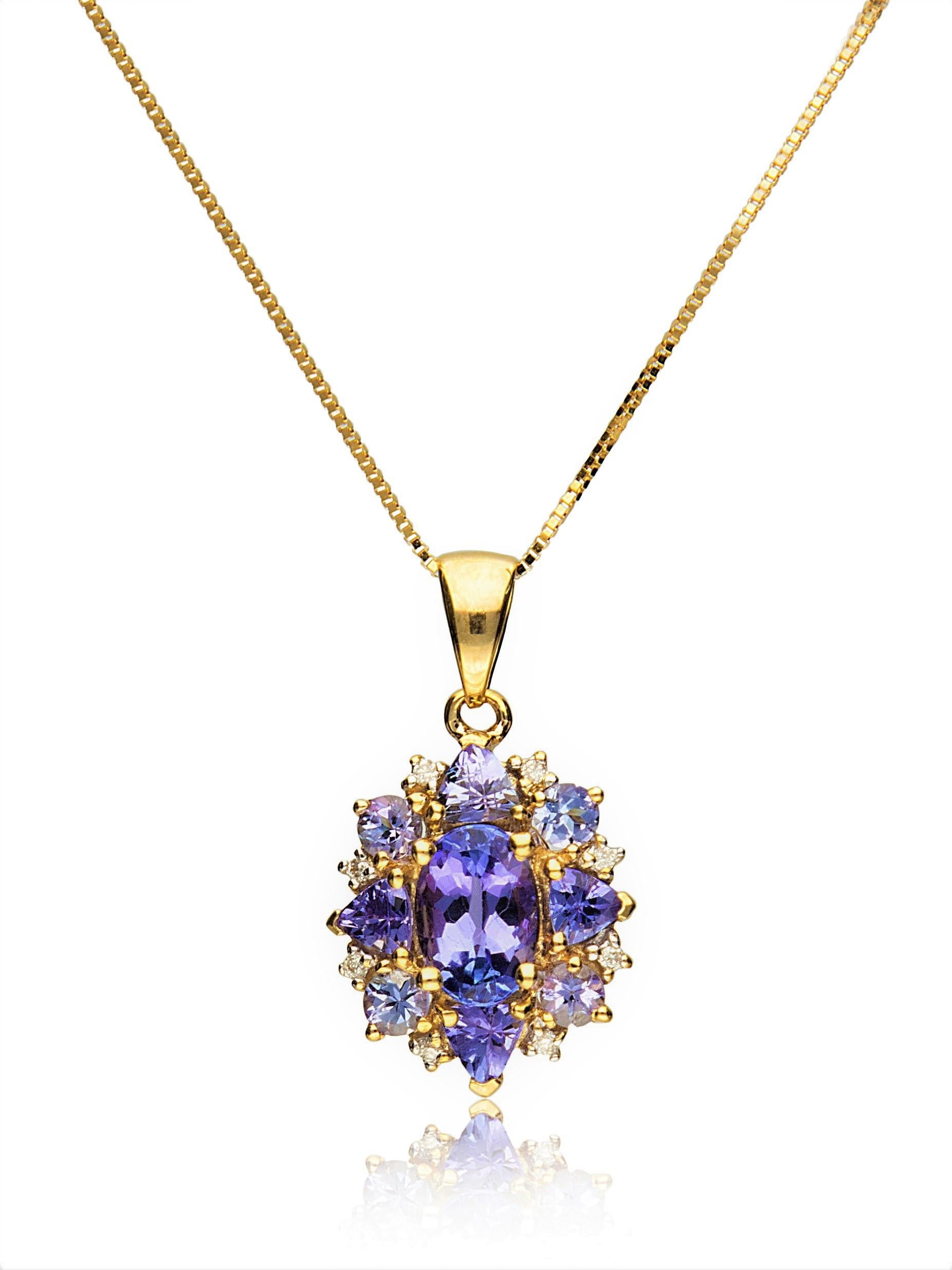 Ovaler:: dreifacher:: runder Tansanit-Schliff mit Diamant-Akzenten 14K Gelbgold-Anhänger (Art déco)